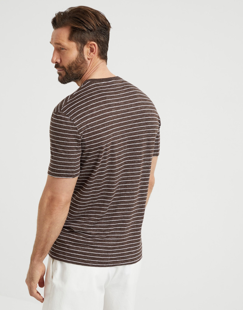 Brunello Cucinelli Striped linen stretch jersey crew neck T-shirt with chest pocket outlook