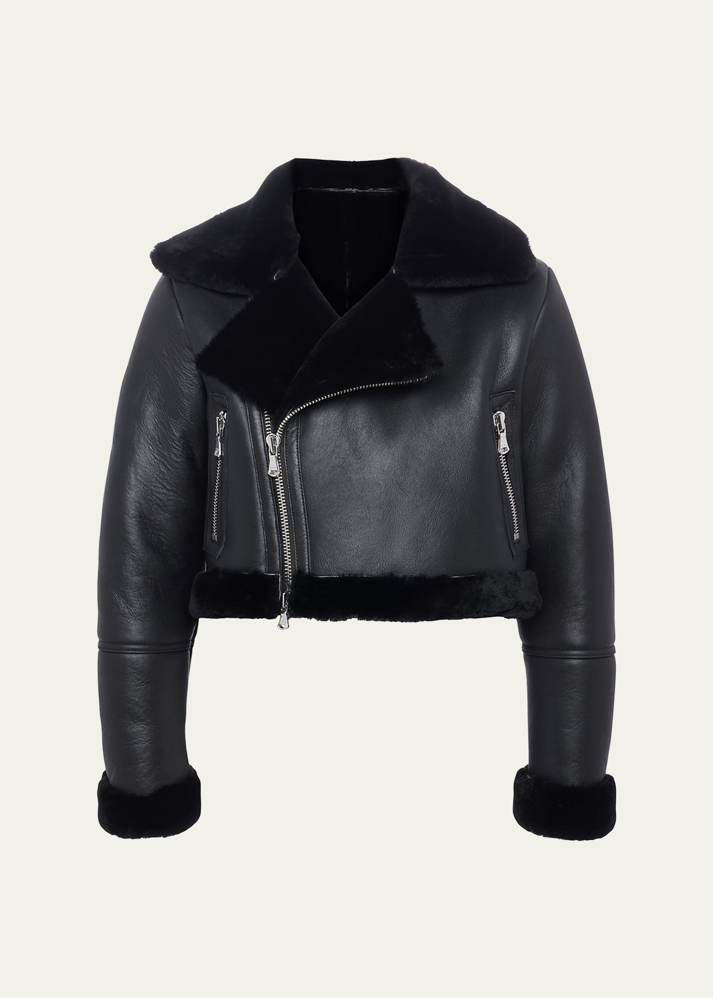 Pike Cropped Lambskin Leather Jacket with Shearling Trim - 1