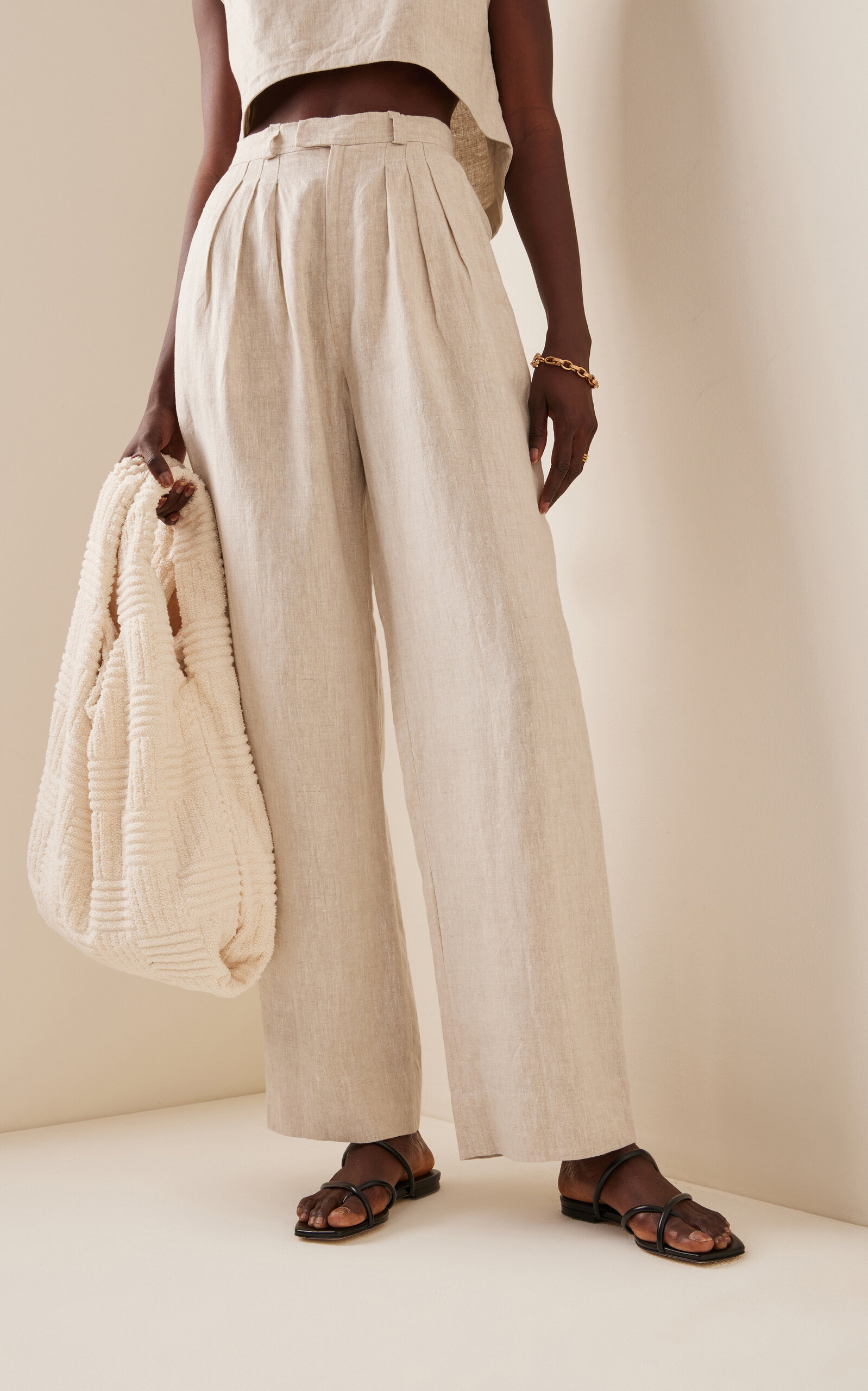 Exclusive Louis Pleated Linen Wide-Leg Trousers neutral - 3