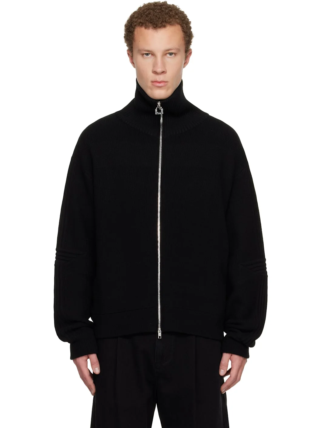 Black High-Neck Zip-Up Sweater - 1