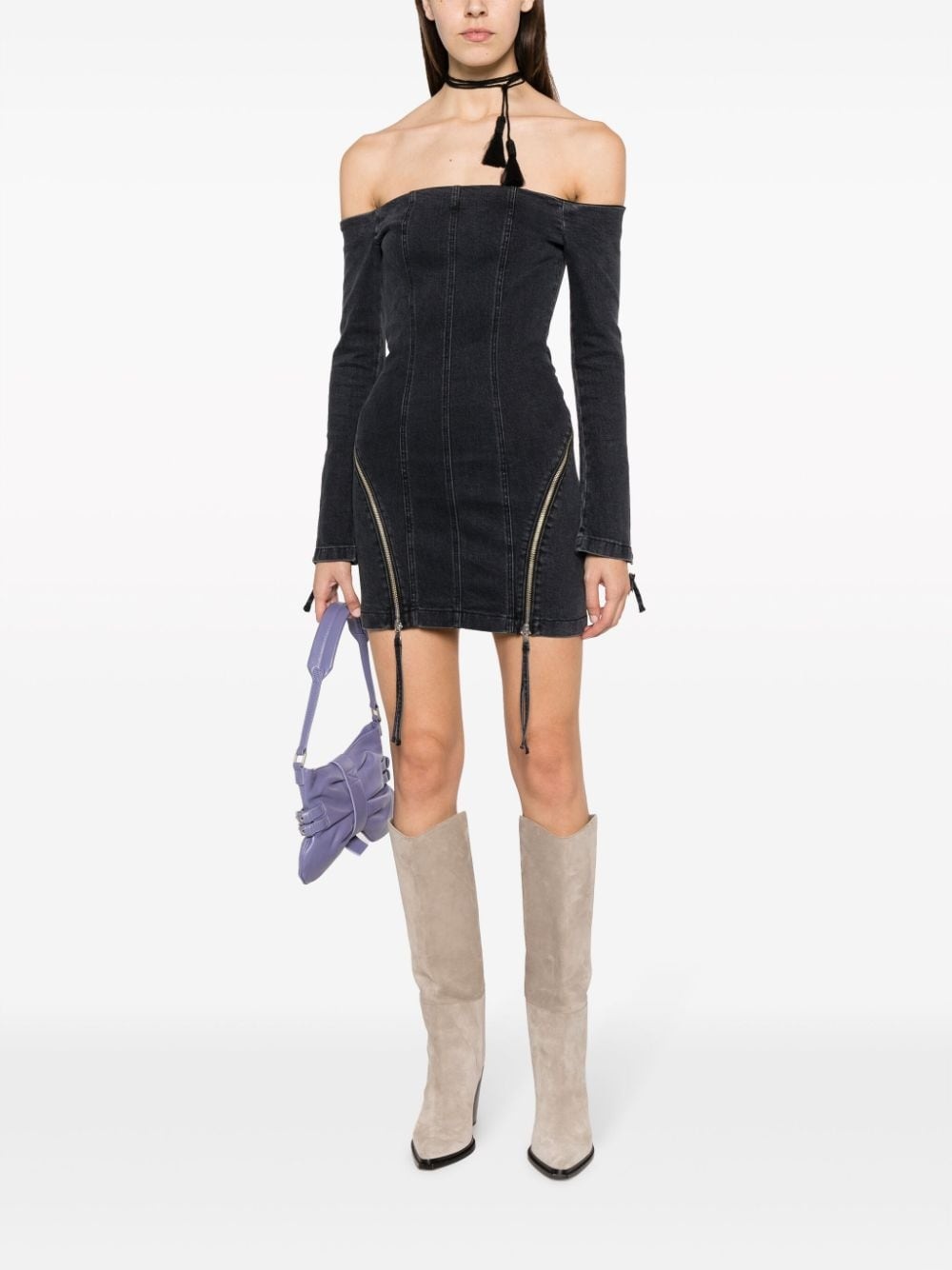 off-shoulder zip-up denim dress - 2