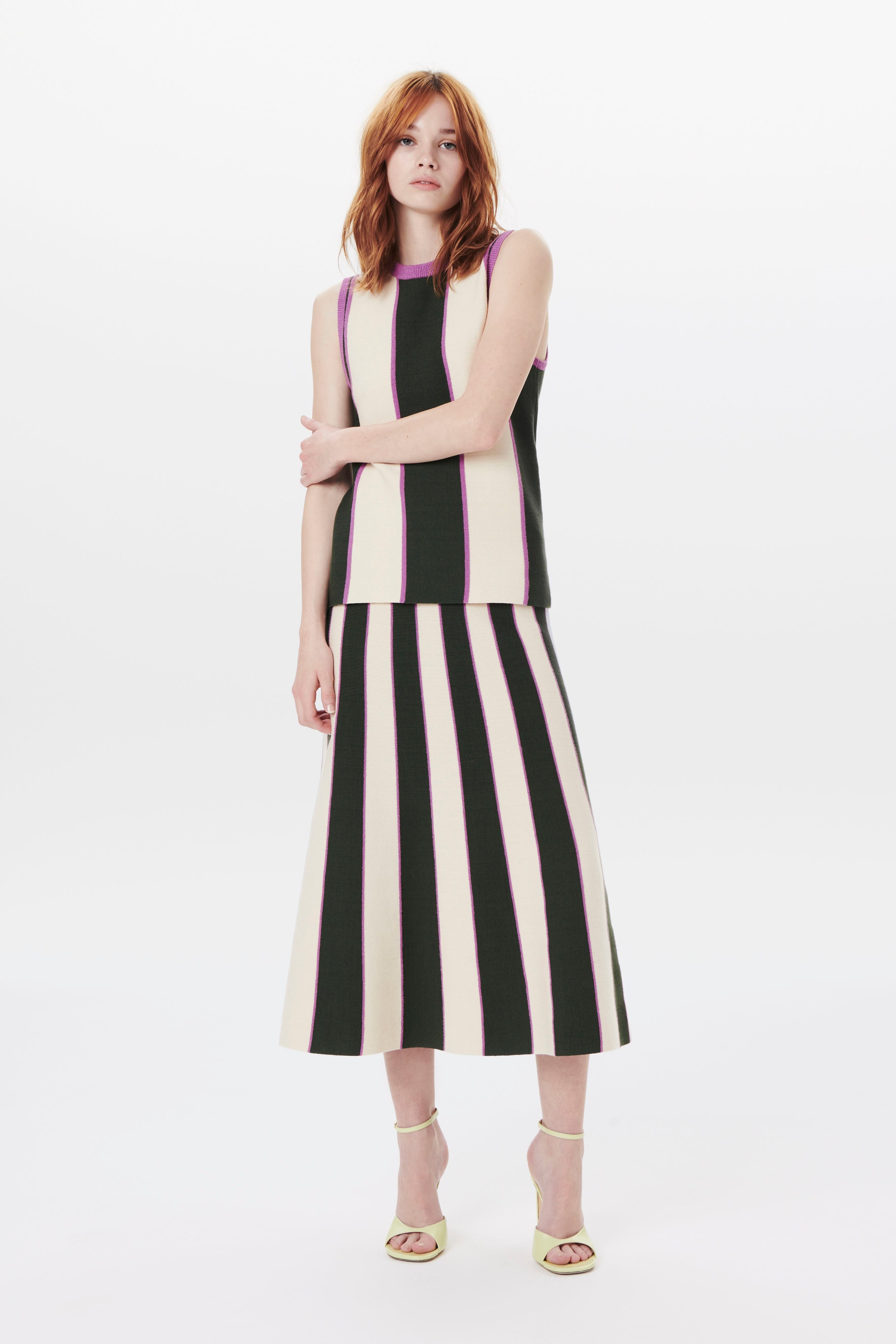 Flared Knitted Skirt in Khaki, Violet Stripe - 2