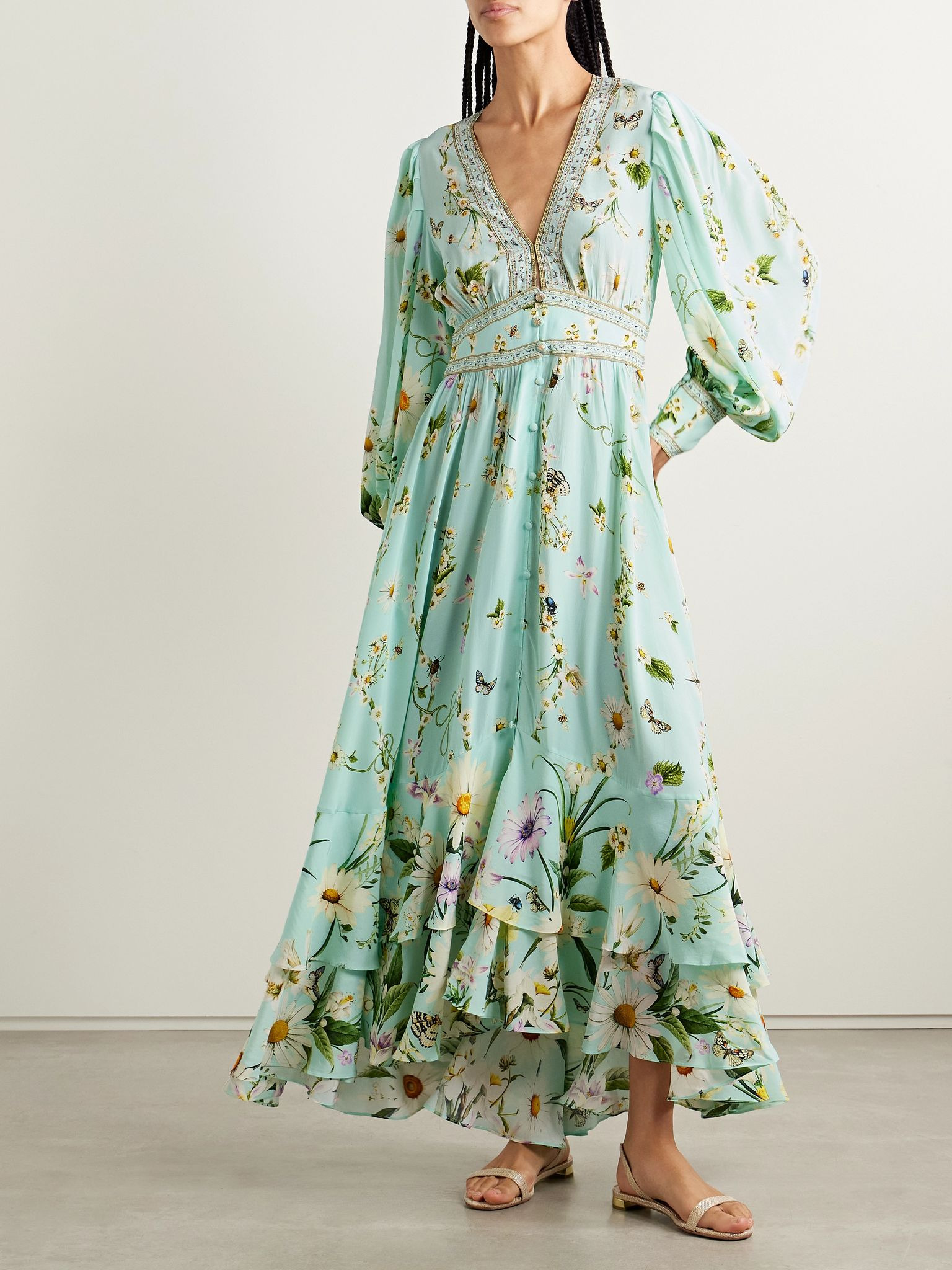 Crystal-embellished printed silk crepe de chine maxi dress Turquoise - 2