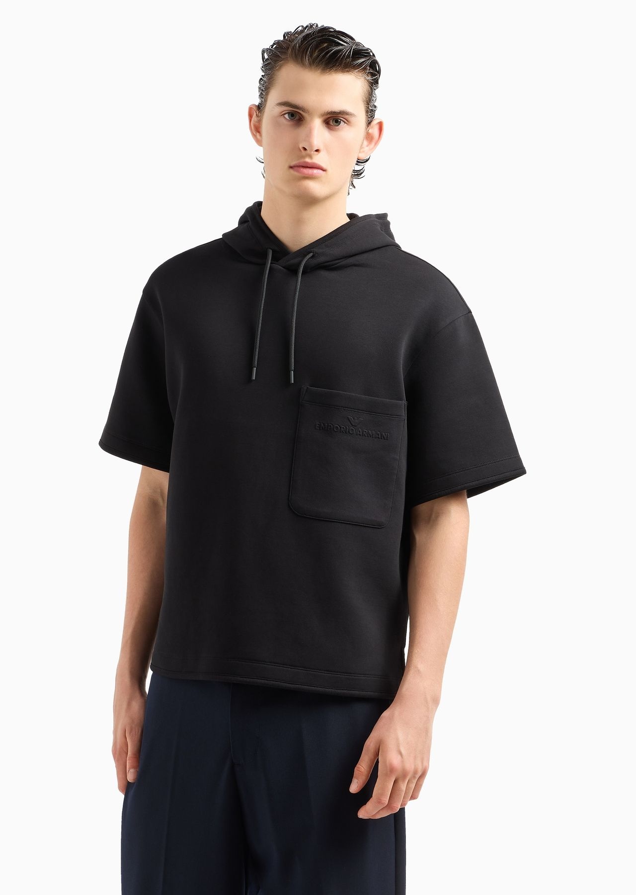 Short-sleeved double-jersey hooded sweatshirt with a patch pocket - 2