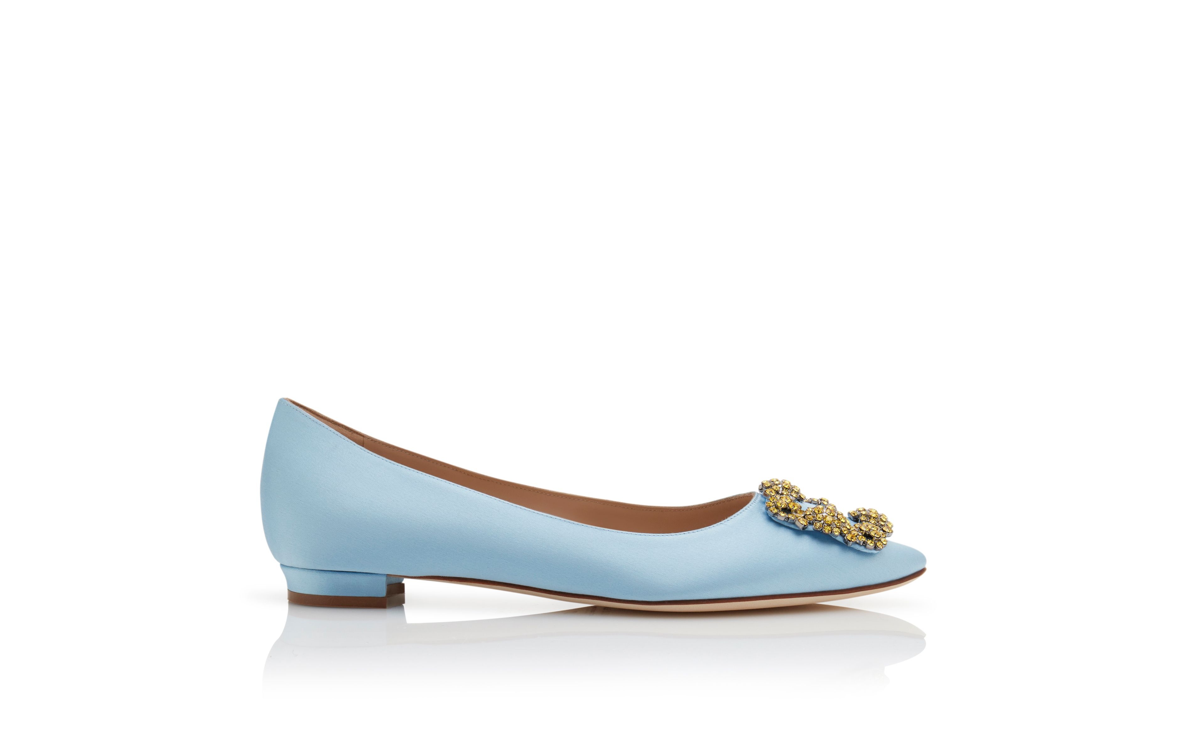 Light Blue Satin Jewel Buckle Flat Shoes - 1