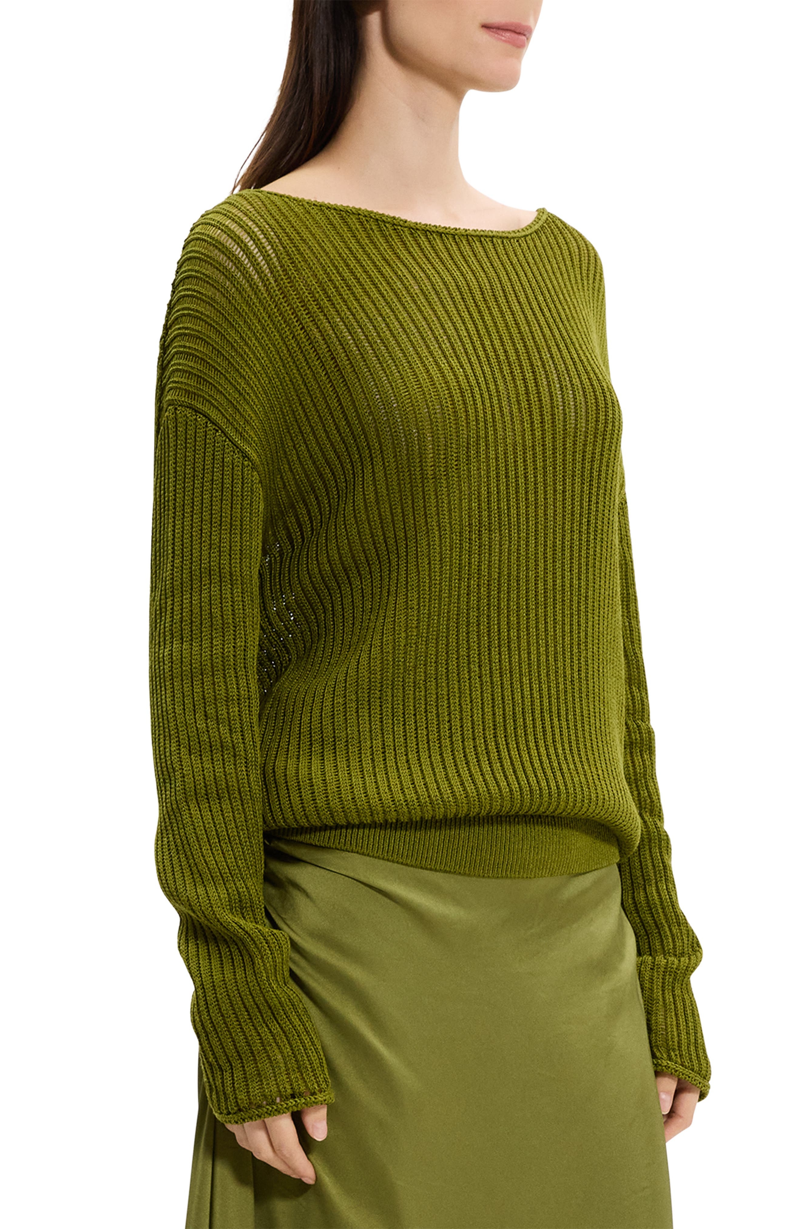 Theory Open Neck Pima Cotton Sweater in Avocado at Nordstrom - 3