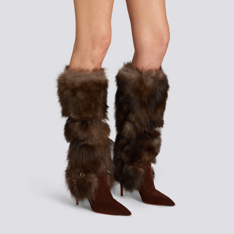 Santoni Women's dark brown leather and fox high-heel boot outlook