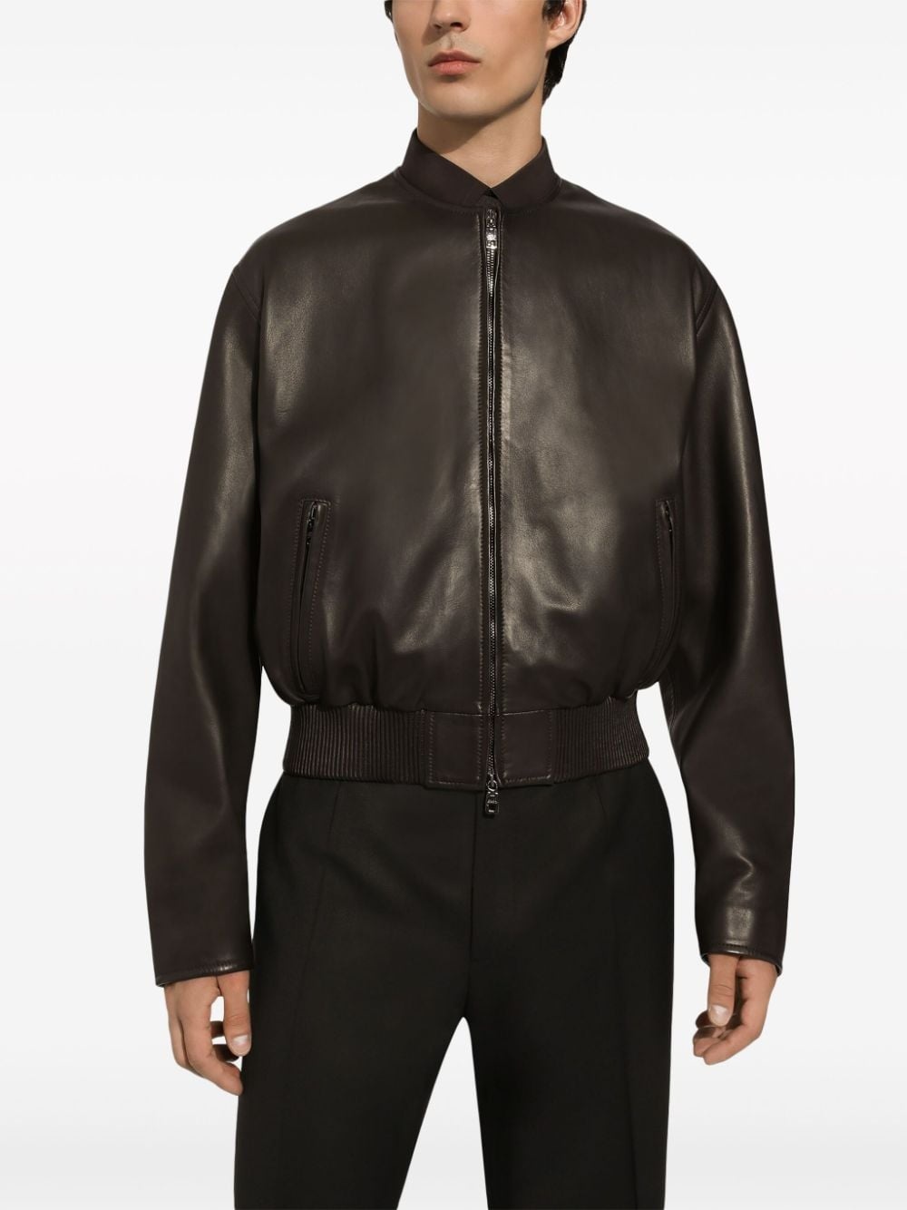 collarless leather bomber jacket - 5