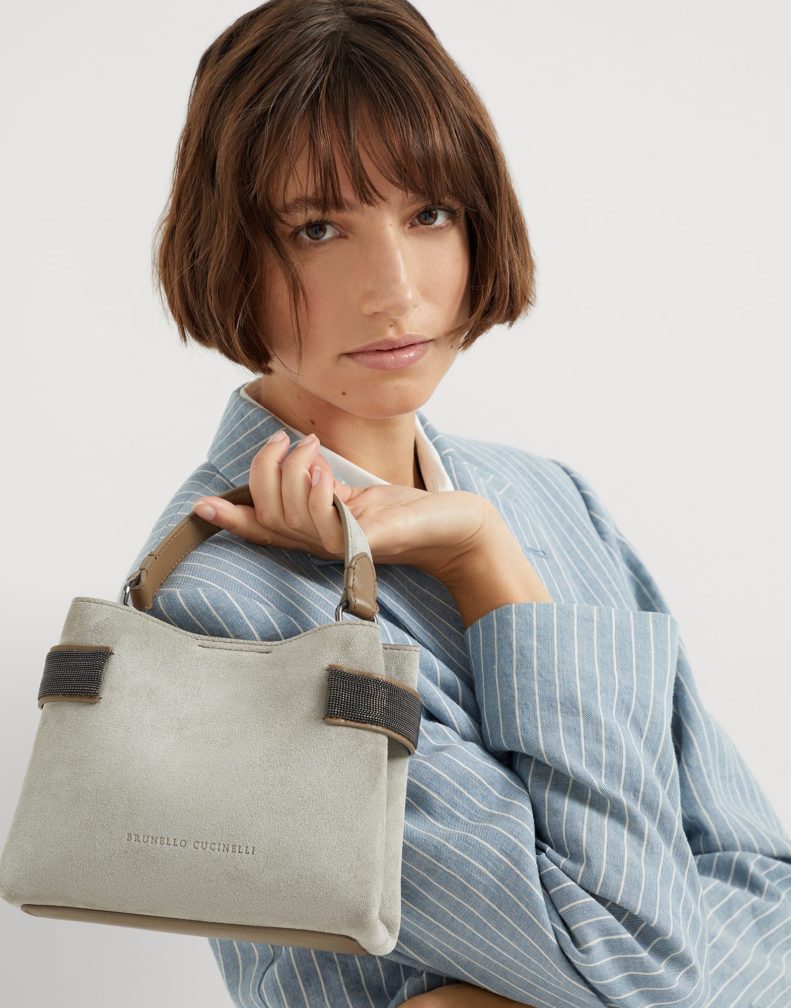 Essence small top-handle bag in suede with precious bands - 4