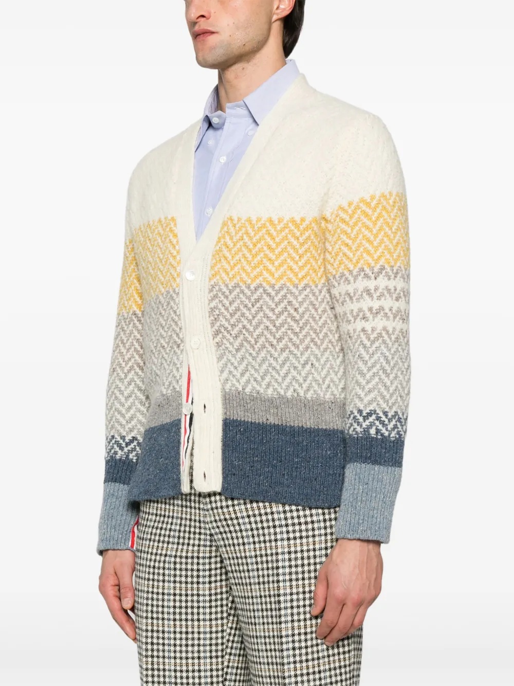 THOM BROWNE - Men Striped Herringbone Jacquard Classic V Neck Knitwear - 2