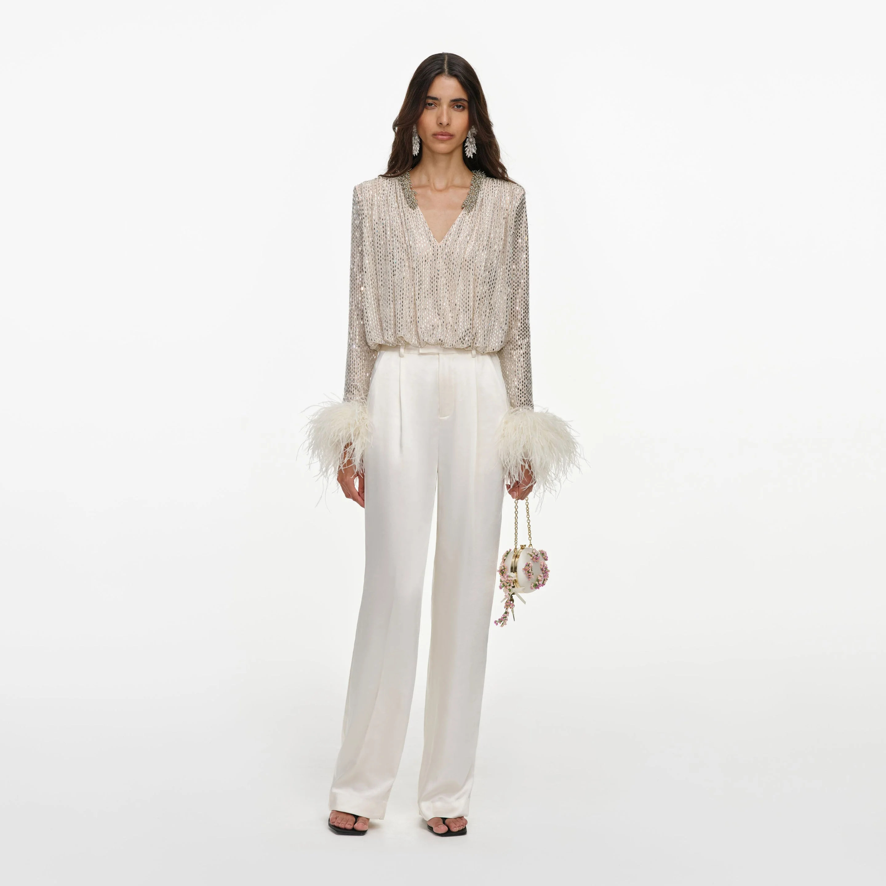 Champagne Rhinestone Embellished Feather Top - 1
