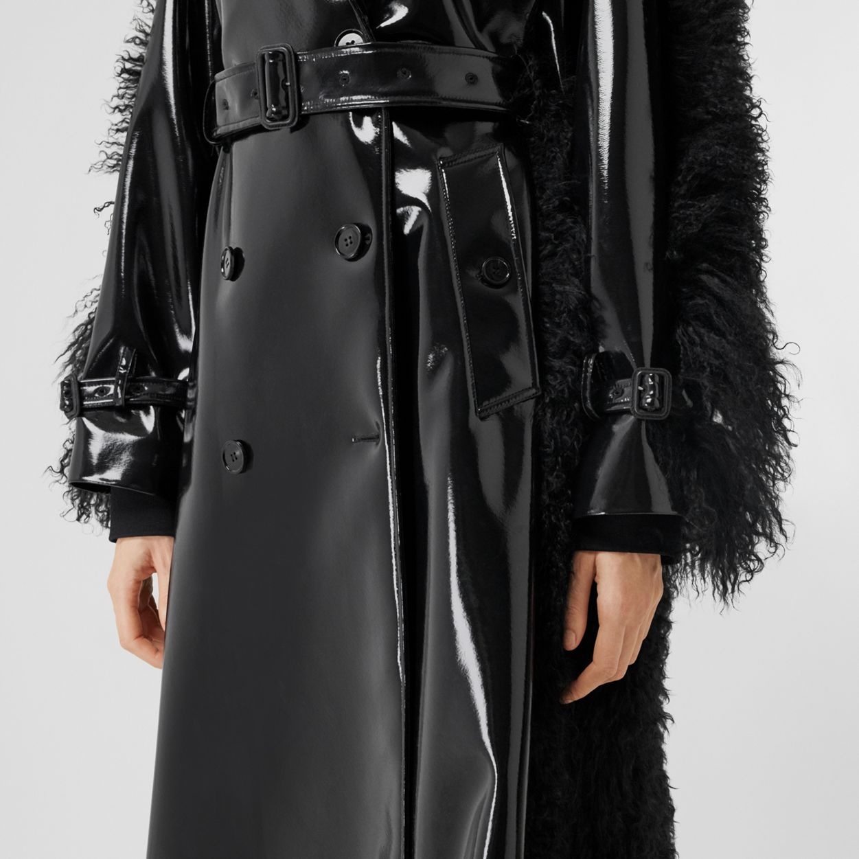 Shearling Trim Vinyl Trench Coat - 6