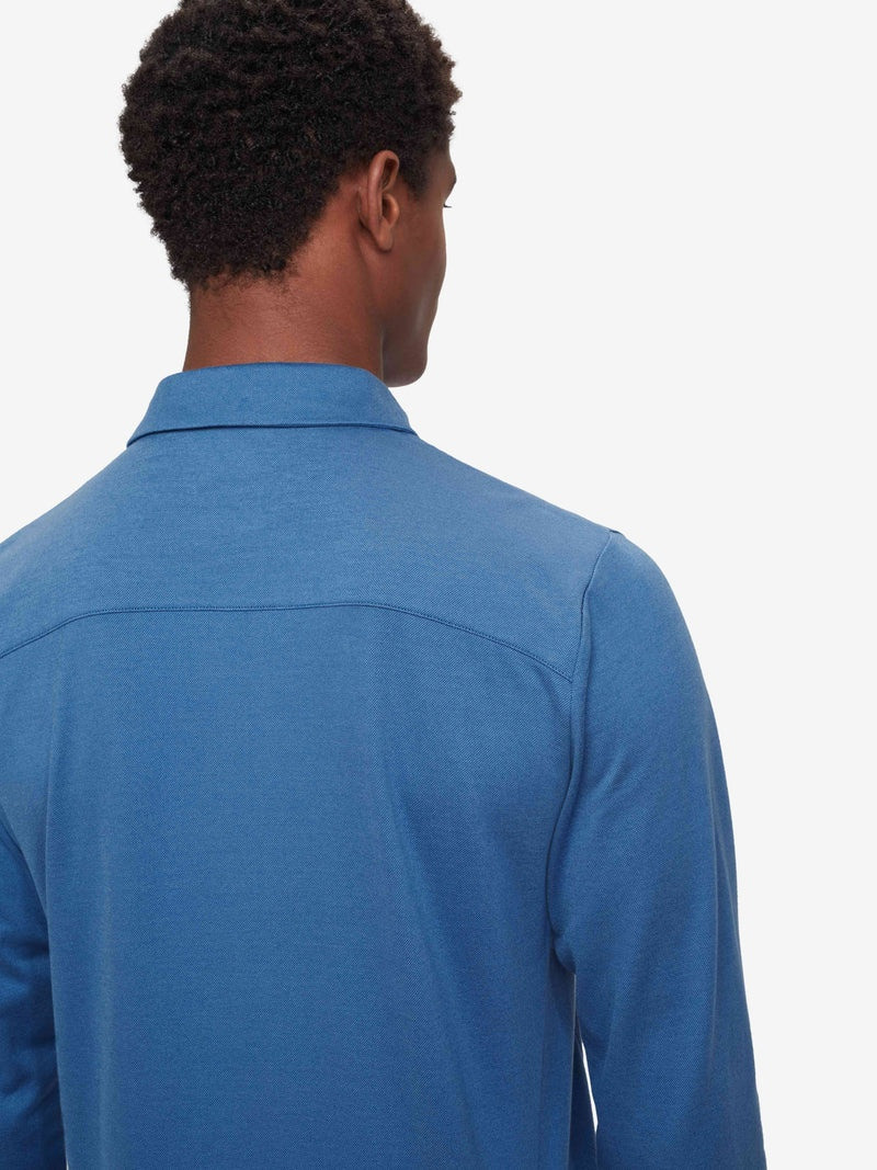 Men's Long Sleeve Polo Shirt Ramsay 3 Pique Cotton Tencel Blue 7