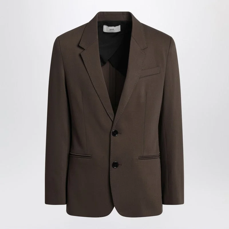 Ami Paris Single-Breasted Olive Black Wool Jacket Men - 1