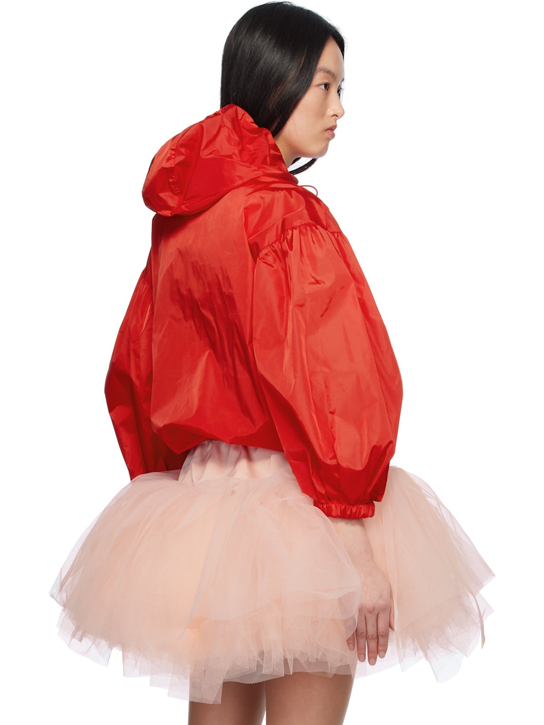Red Cargo Pocket Puff Sleeve Drawstring Jacket - 3