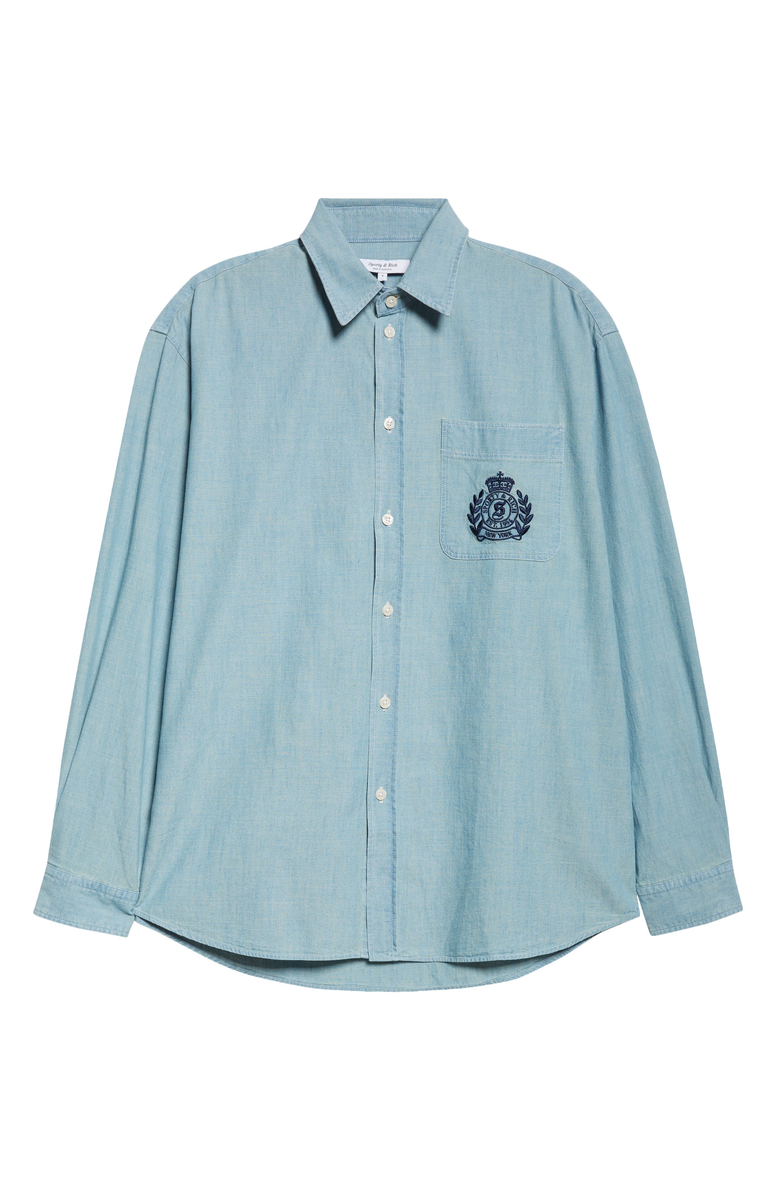 Sporty & Rich Embroidered Crest Oversize Chambray Button-Up Shirt at Nordstrom - 5