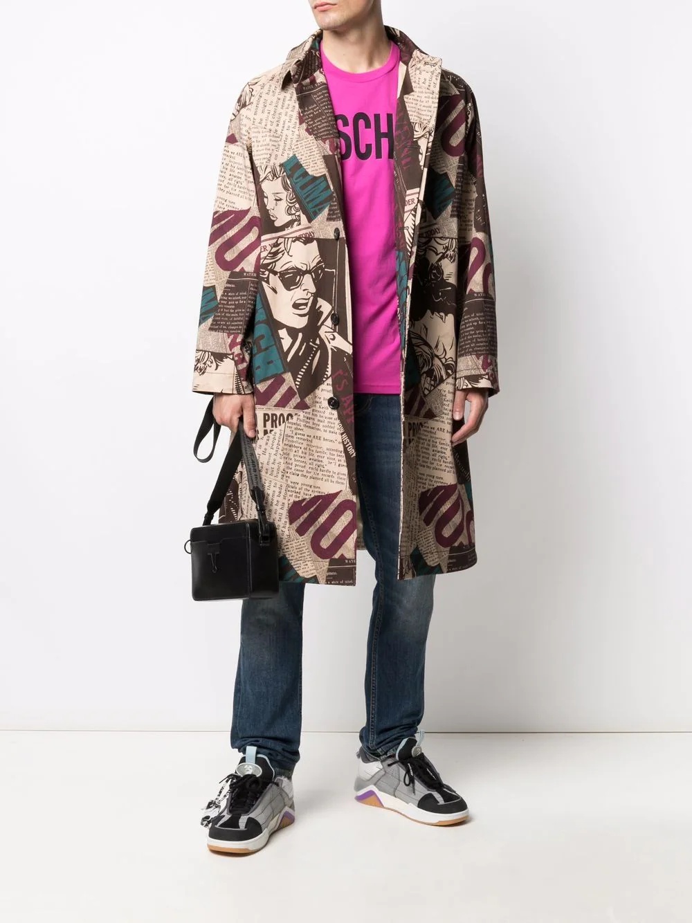 newspaper-print fitted coat - 2