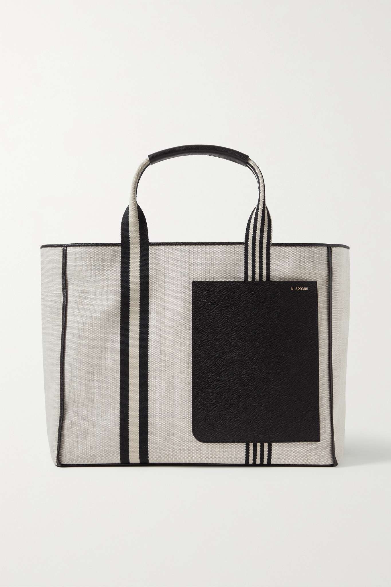 Shopping textured leather-trimmed striped canvas tote - 1