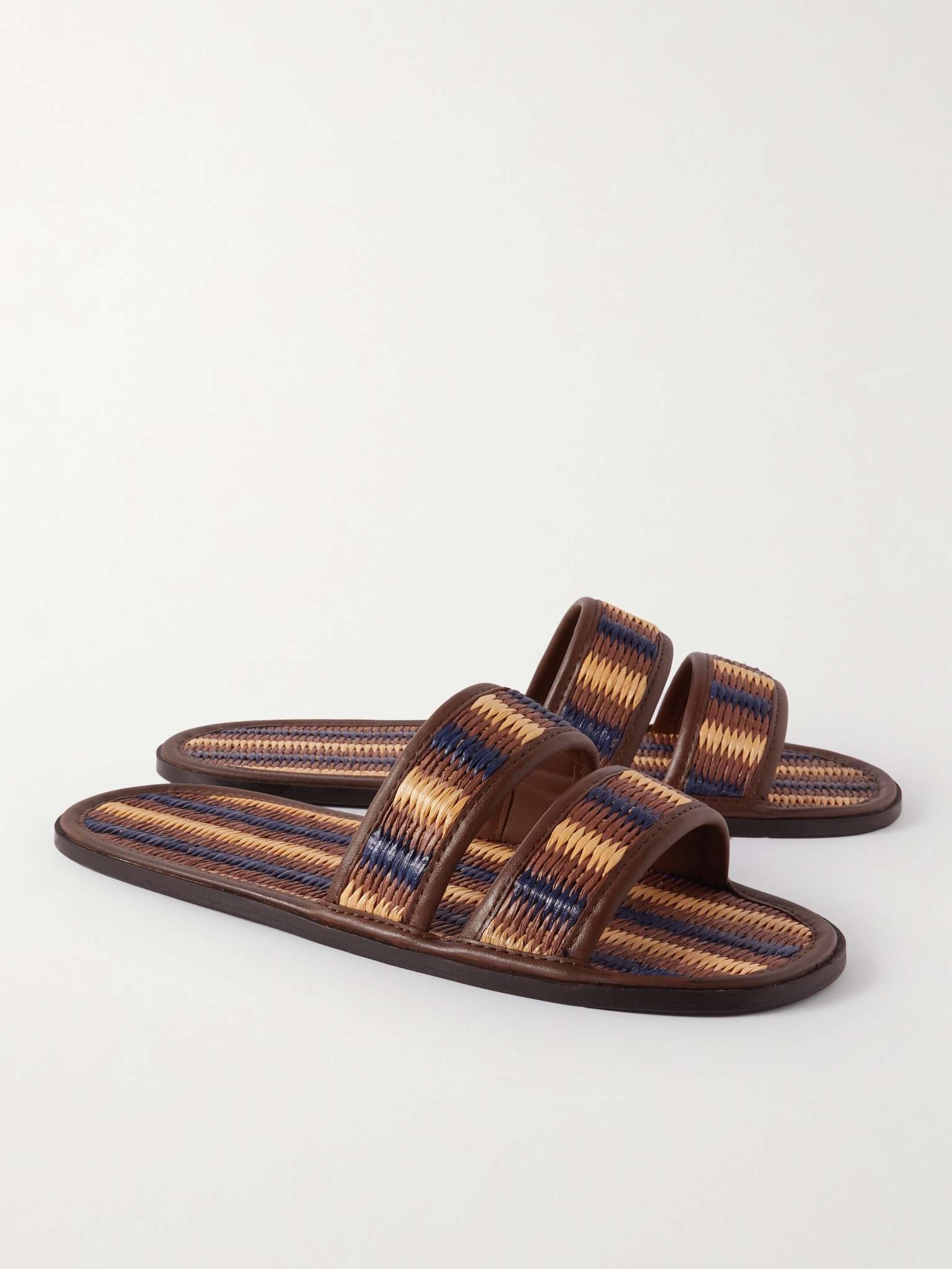 Duotone Leather-Trimmed Raffia Slides - 4