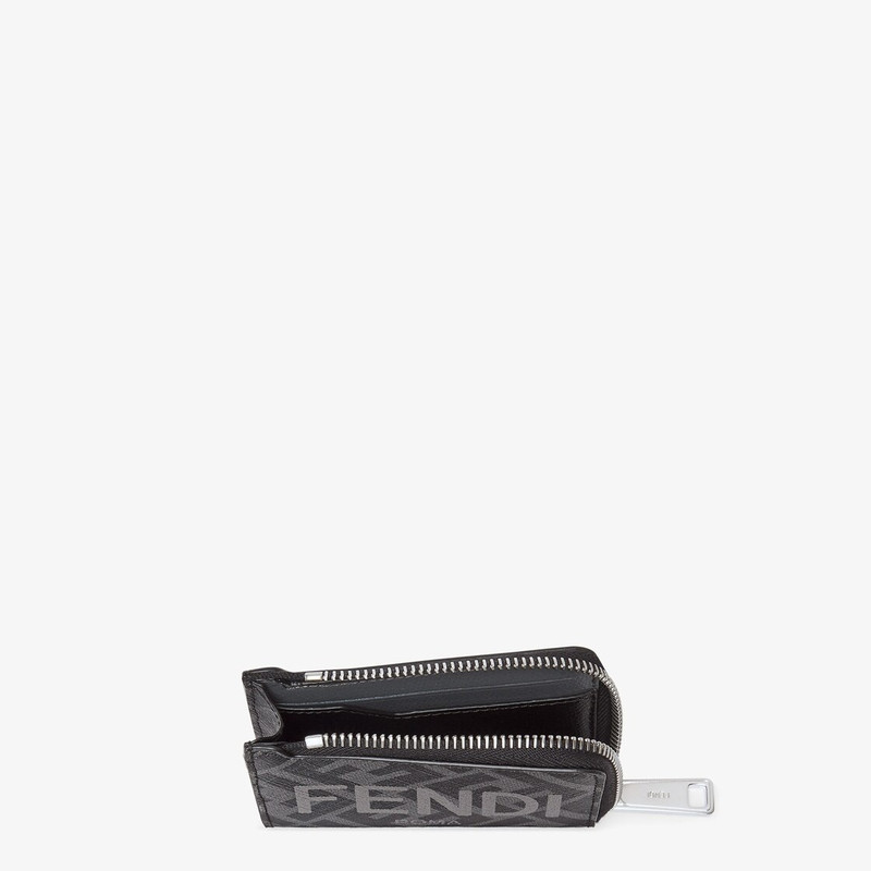 FENDI Card holder with L-shaped zip closure. Made of textured fabric with black and gray diagonal FF motif outlook