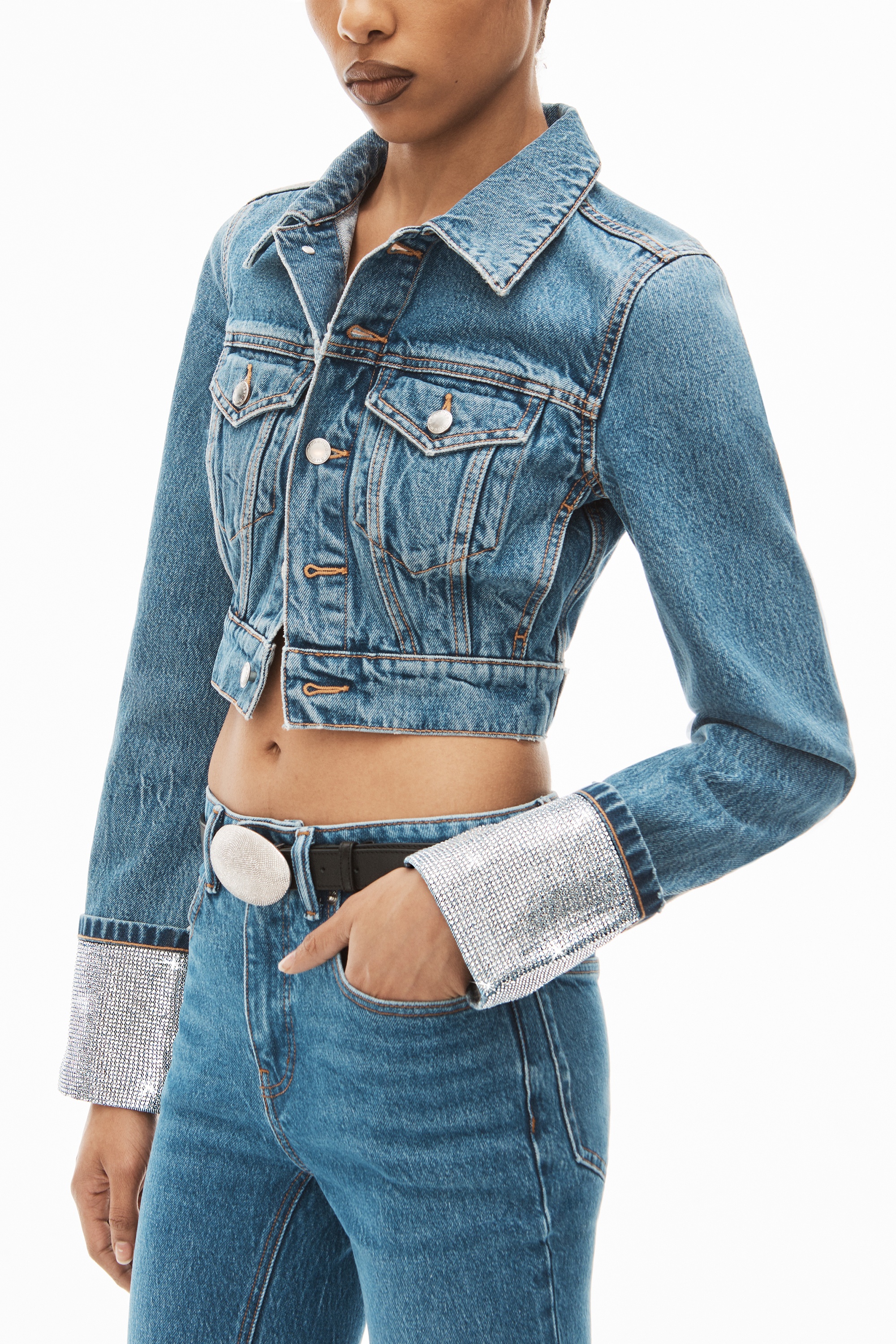 CRYSTAL CUFF TRUCKER JACKET IN DENIM - 3