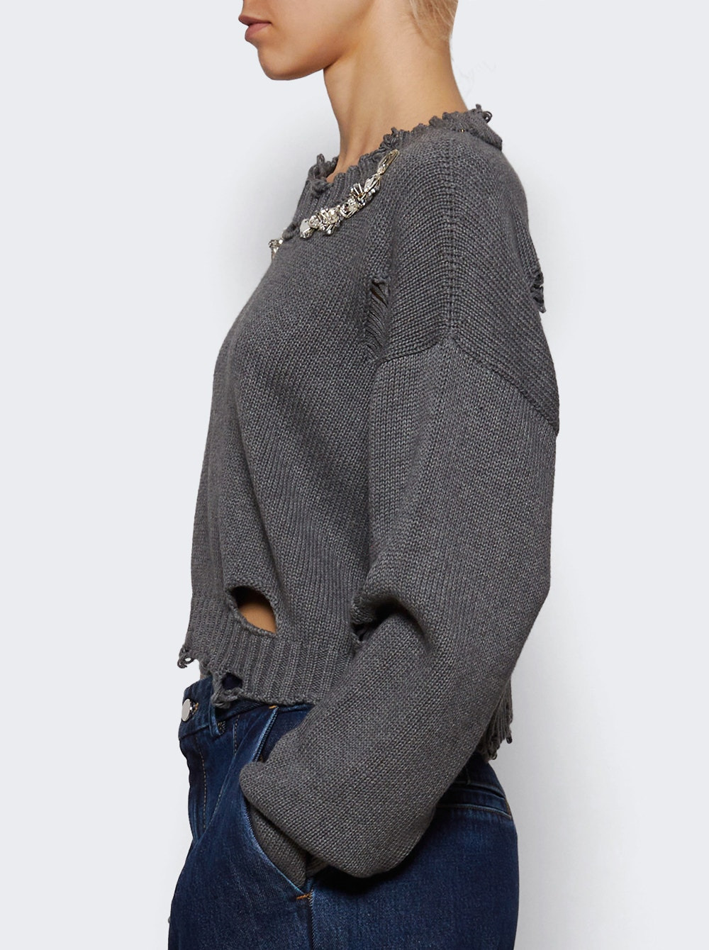 Distressed Crystal Crewneck Sweater Heathered Grey - 3