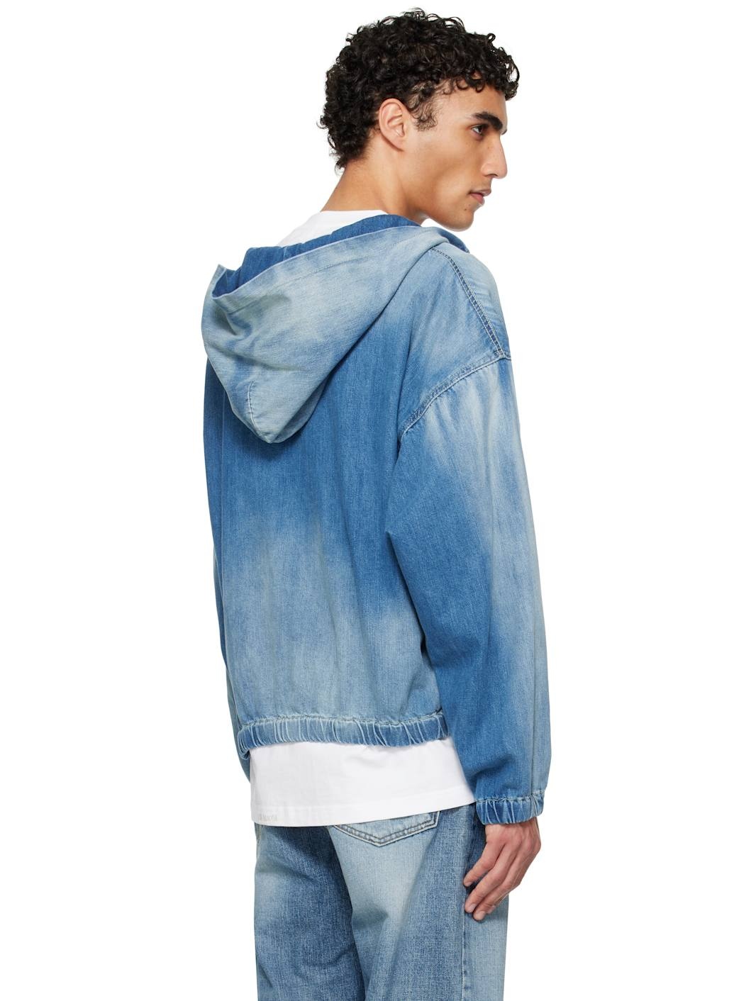 Blue Zip-Up Thin Denim Hoodie - 3