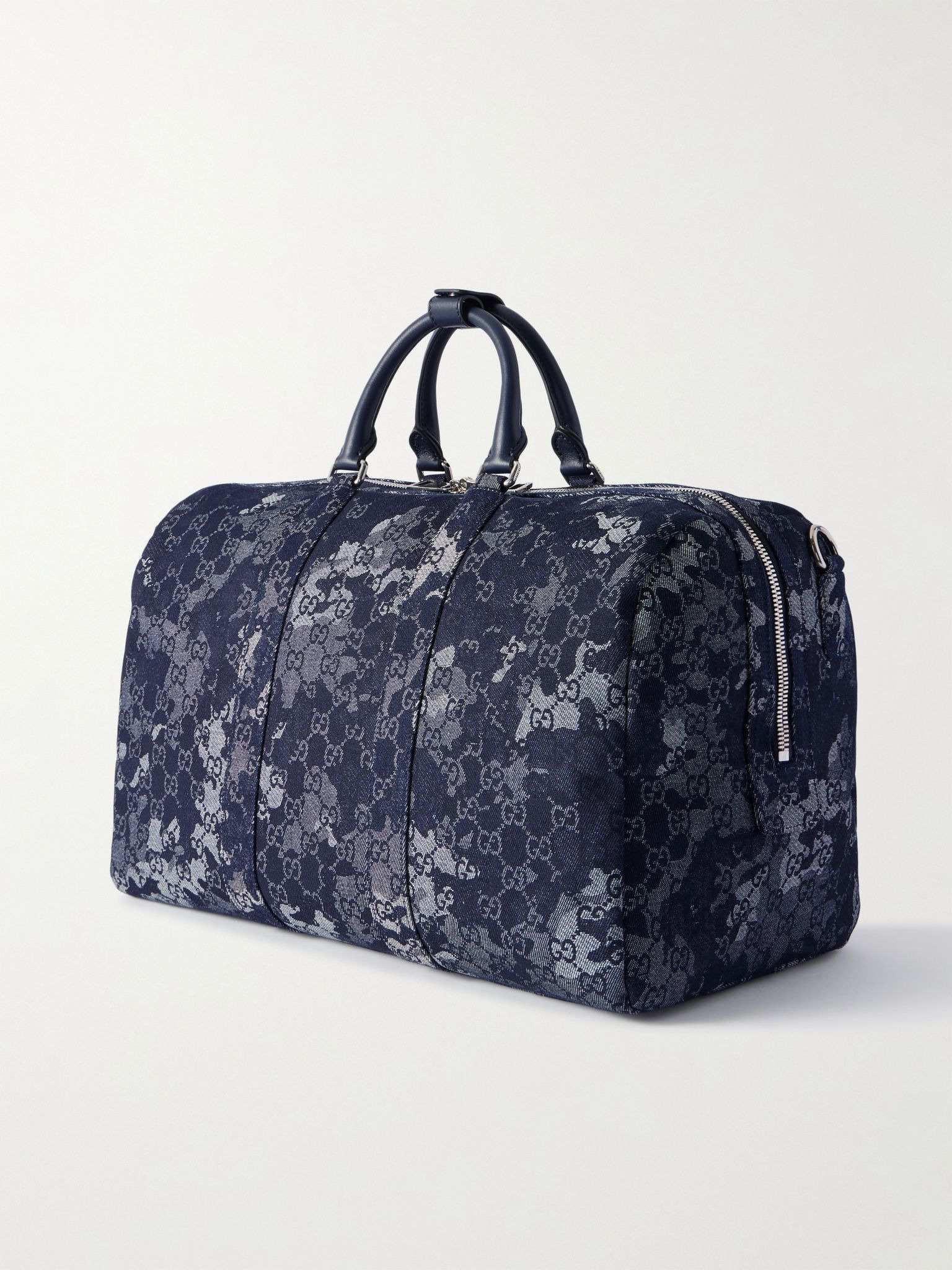 Leather-Trimmed Logo-Jacquard Denim Duffle Bag Navy - 3