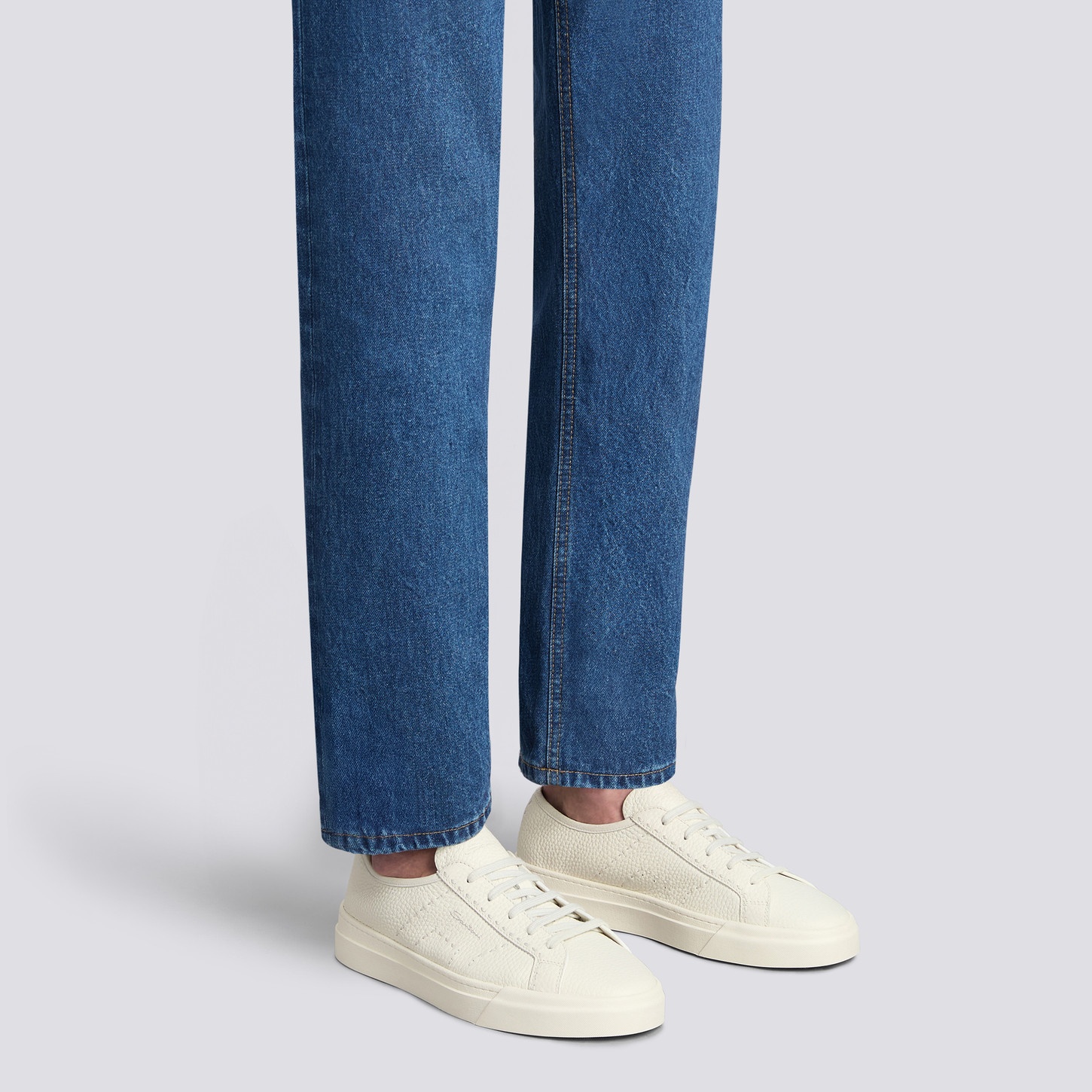 Santoni Men's white tumbled leather Double Buckle Sneaker