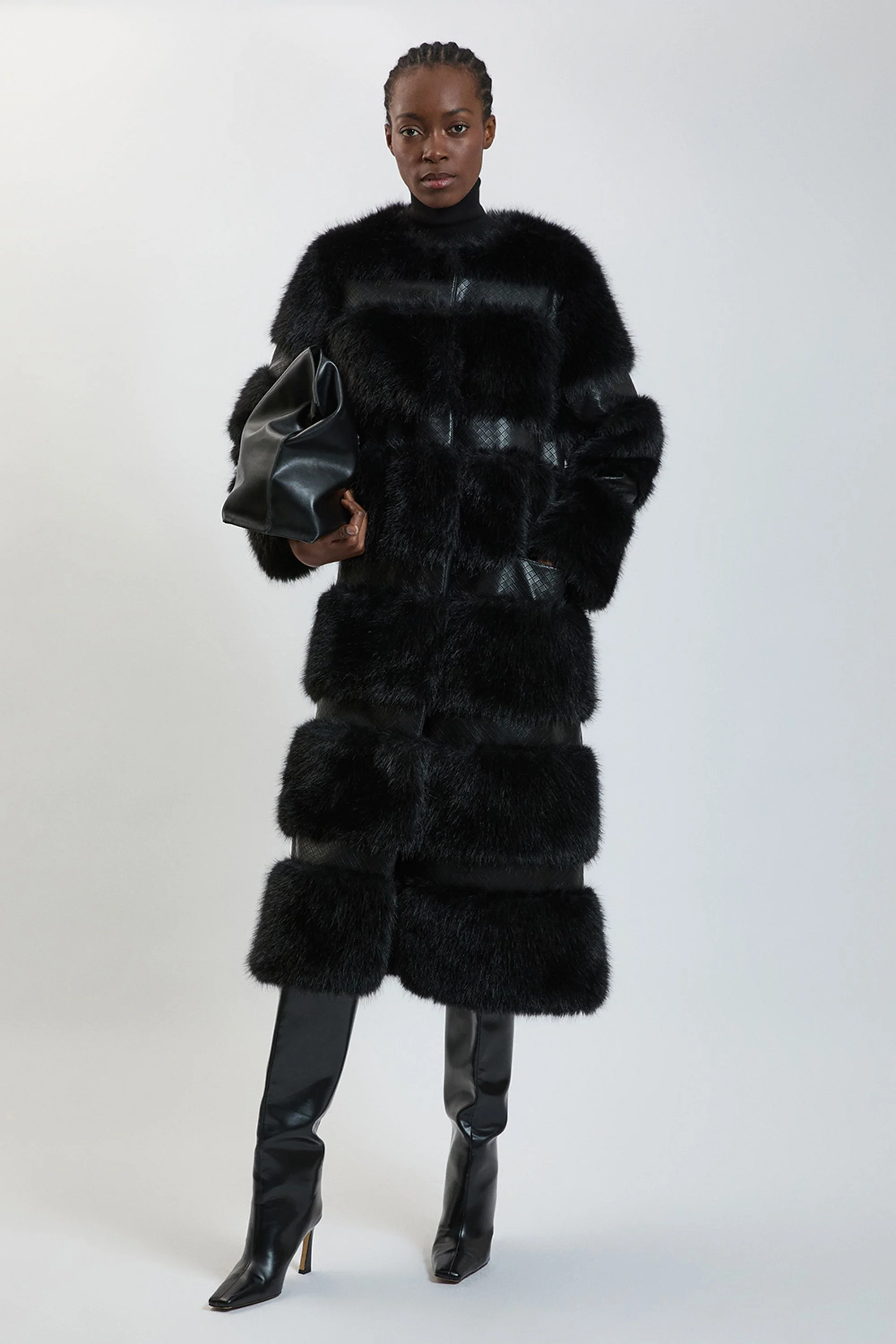 Faux Fur & Faux Leather Multi Texture Midi Coat - 1