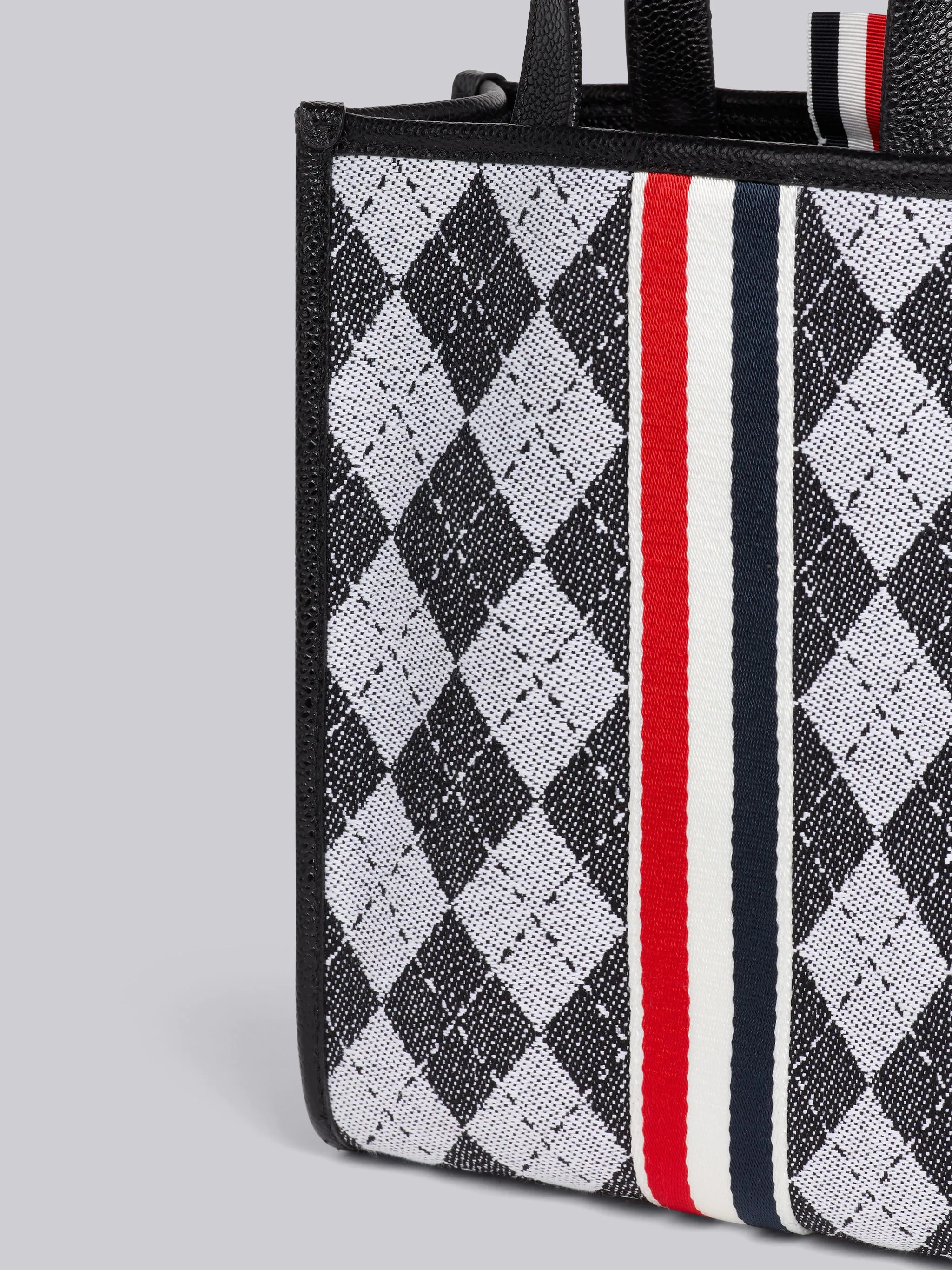 Black and White Argyle Wool Cotton Jacquard Webbing Stripe Shoulder Strap Small Tote - 2
