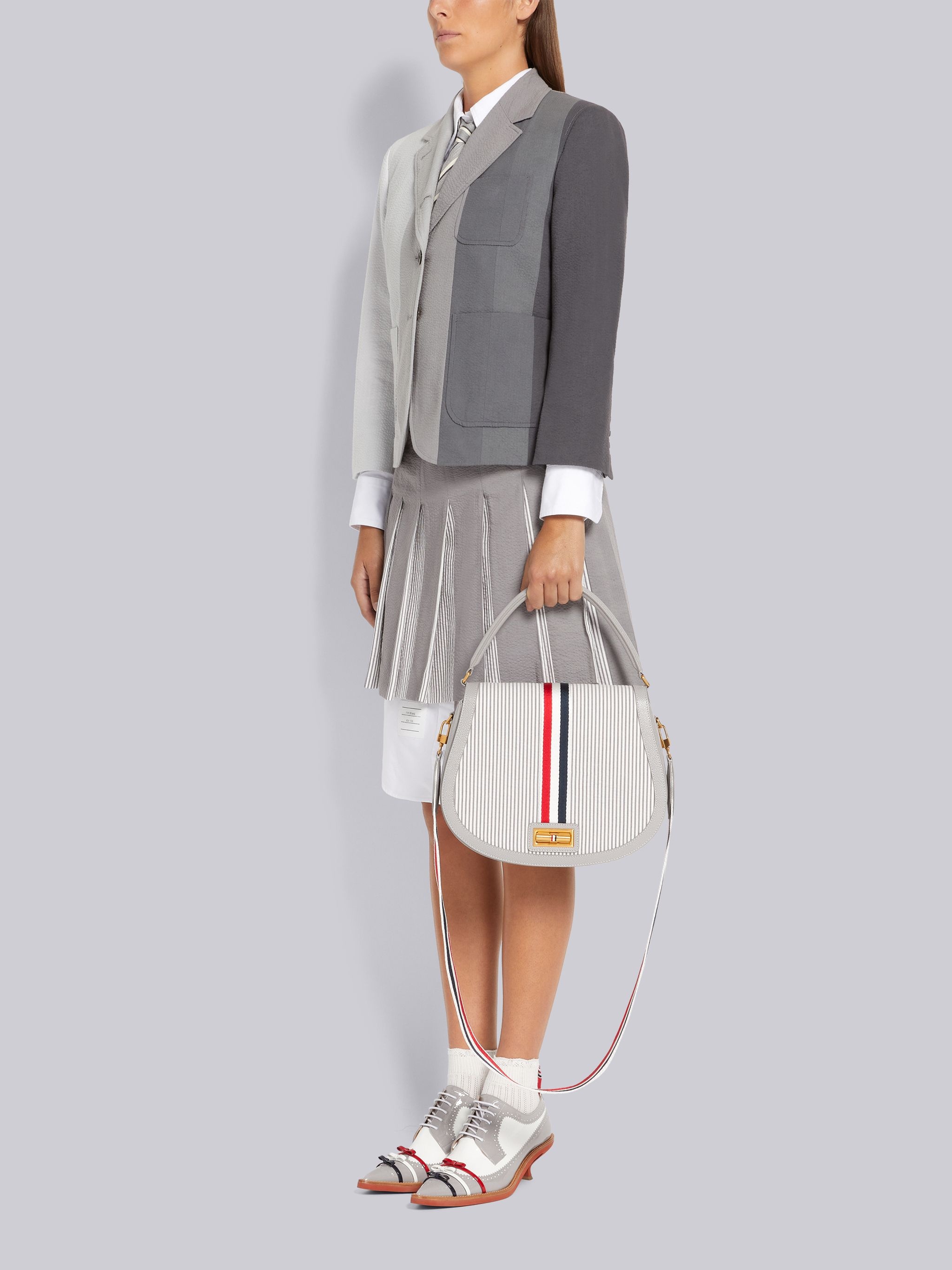 Medium Grey Stripe Seersucker Webbing Strap Enamel Lock Large Saddle Shoulder Bag - 6
