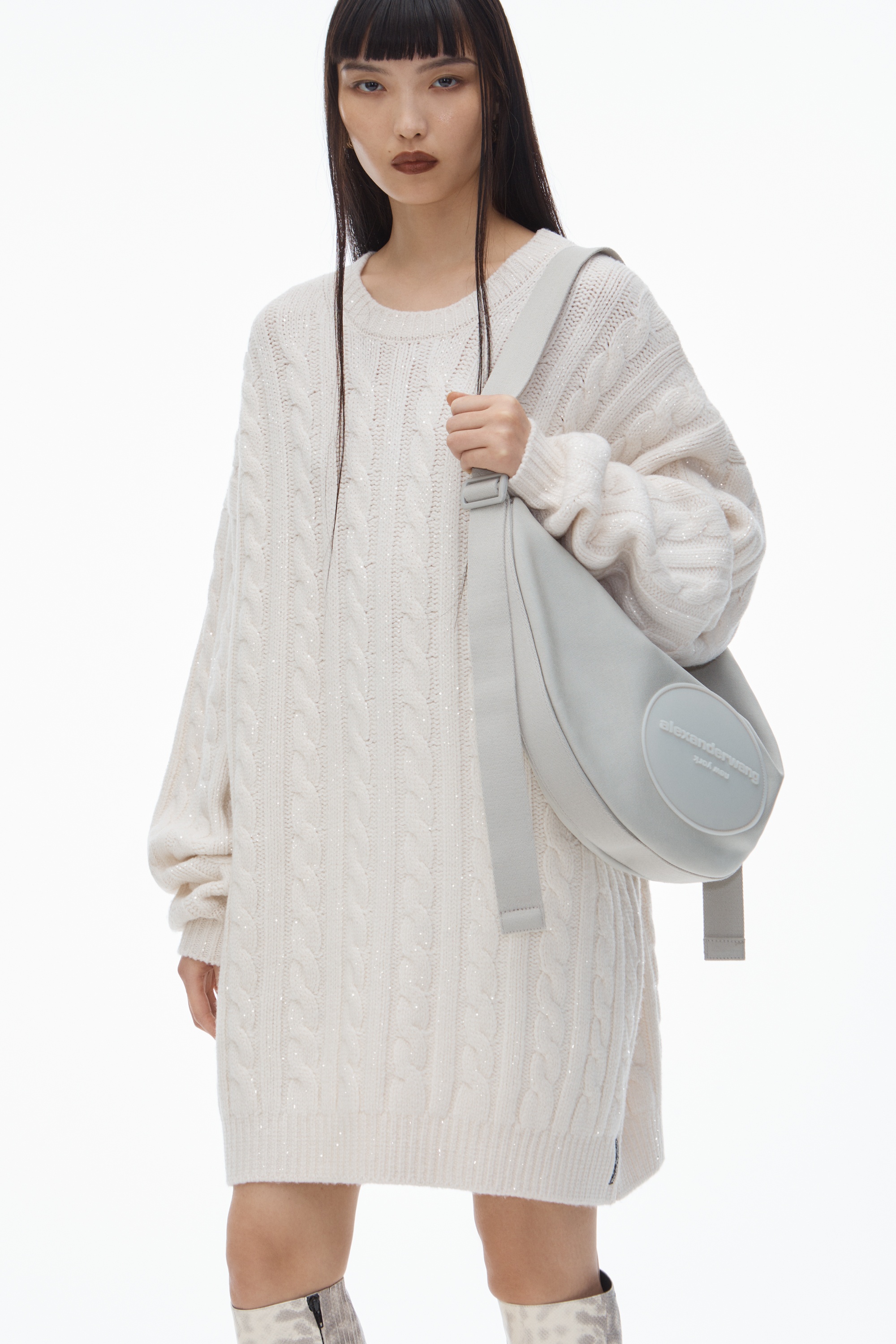 Clear Bead Hotfix Cable-Knit Cardigan in Boiled Wool - 4