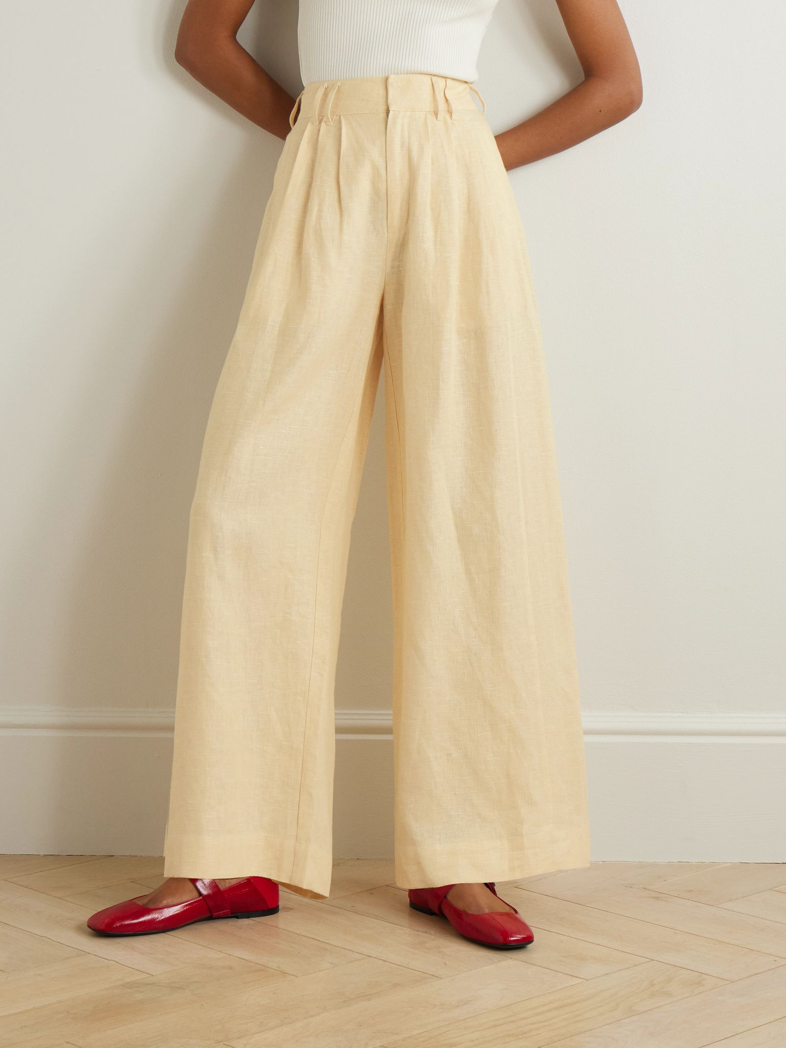 Parker pleated linen wide-leg pants Yellow - 3