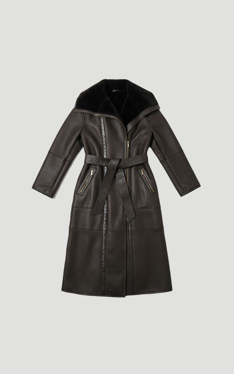 Reversible Shearling & Leather High Collar Maxi Coat 4