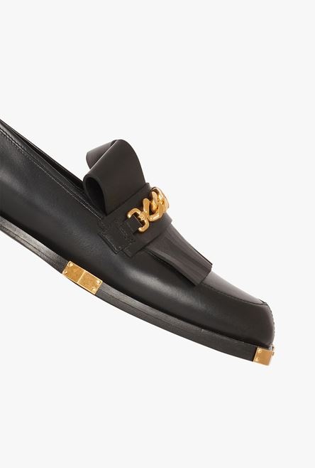 Black leather loafers with gold-tone chain - 4