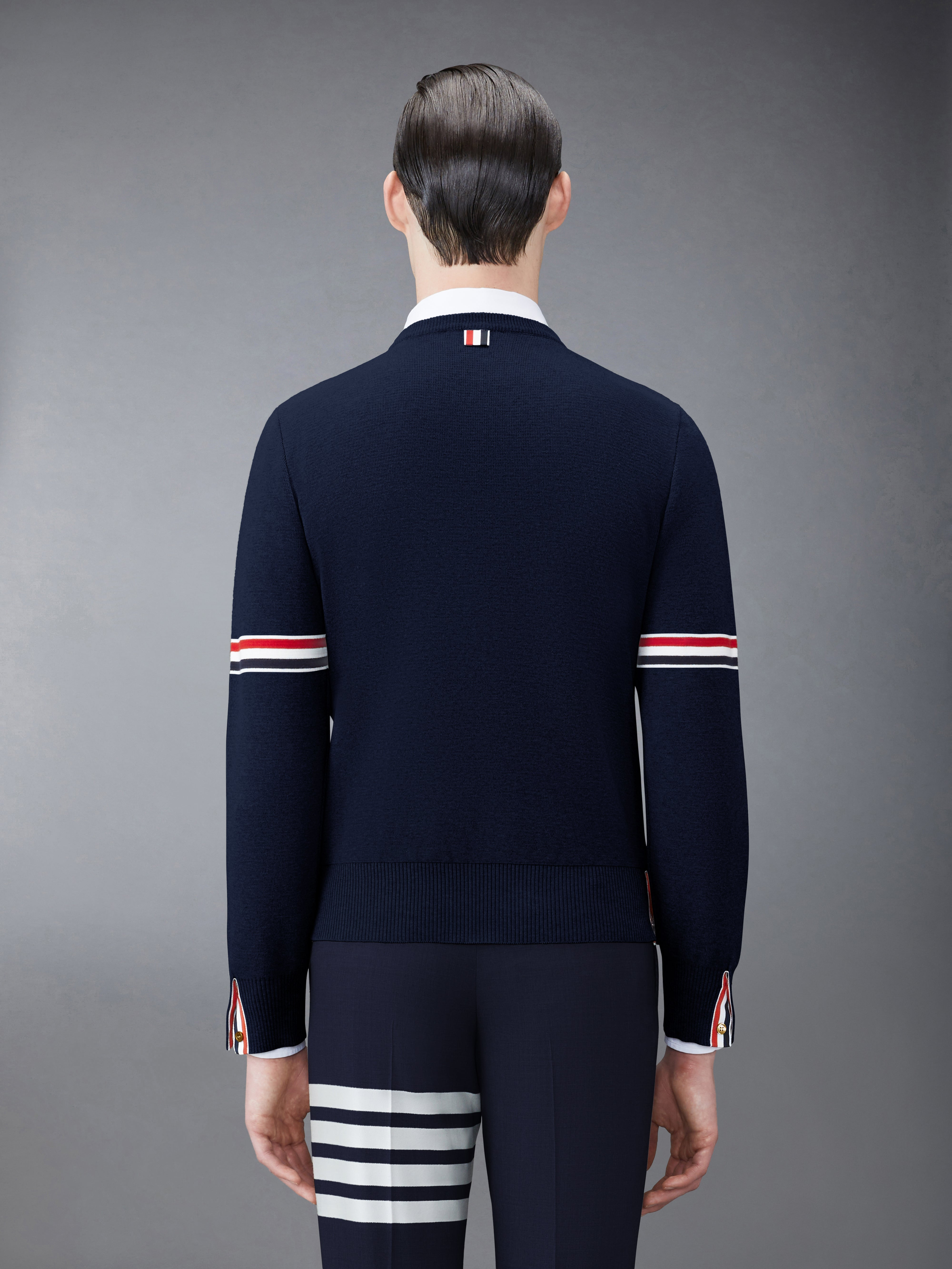 Navy Cotton Milano Stitch Stripe Armband Crewneck Pullover - 2