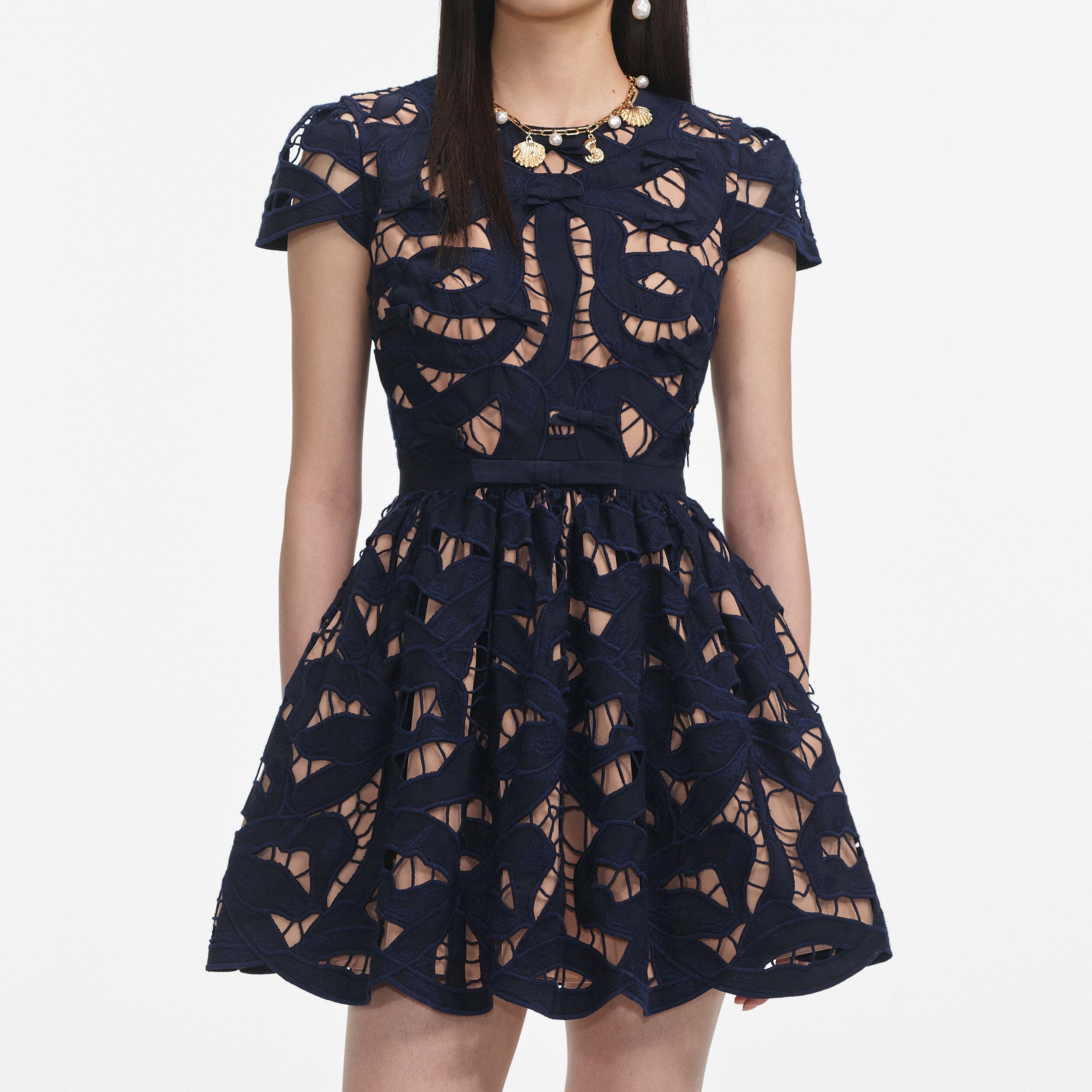 Navy Bow Embroidered Mini Dress - 4