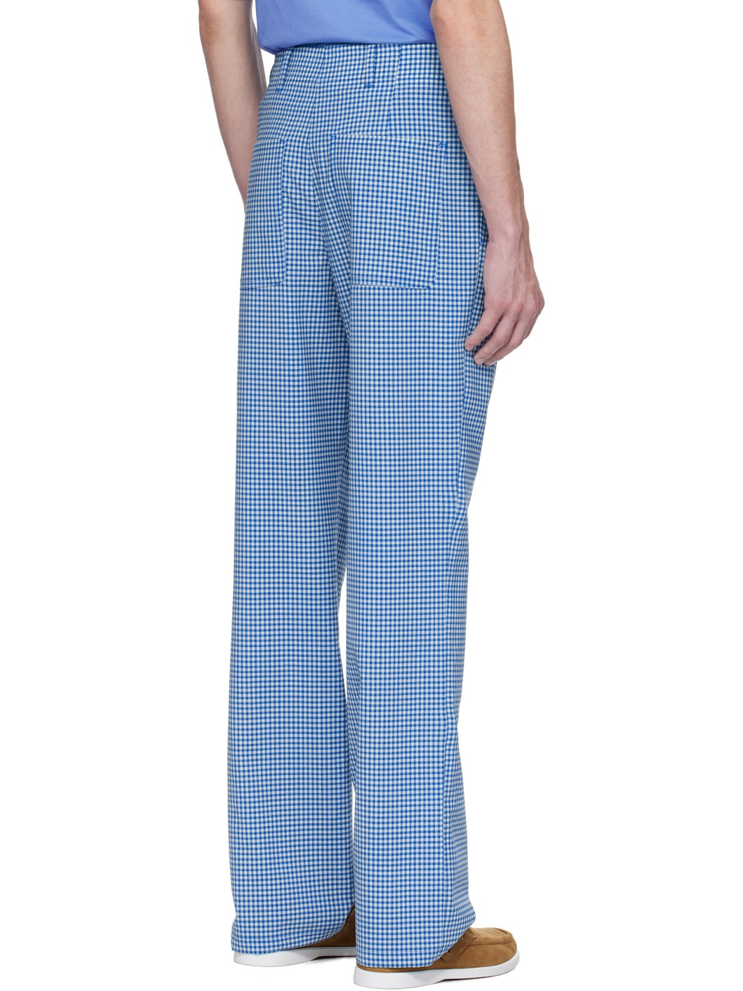 Blue & White Wool Blend Gingham Trousers - 3
