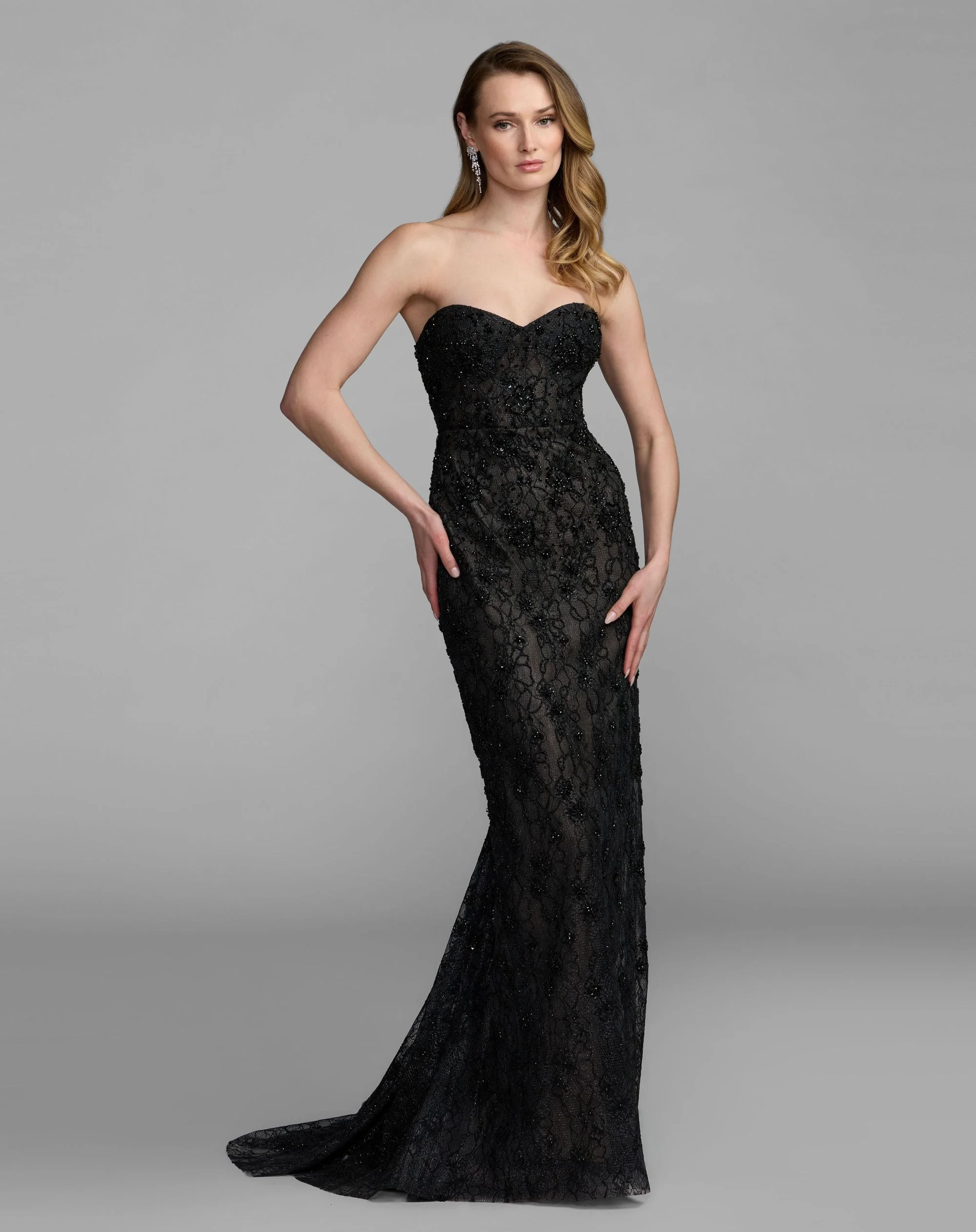 Black Embellished Strapless Bustier Gown With Sweeping Train - 1