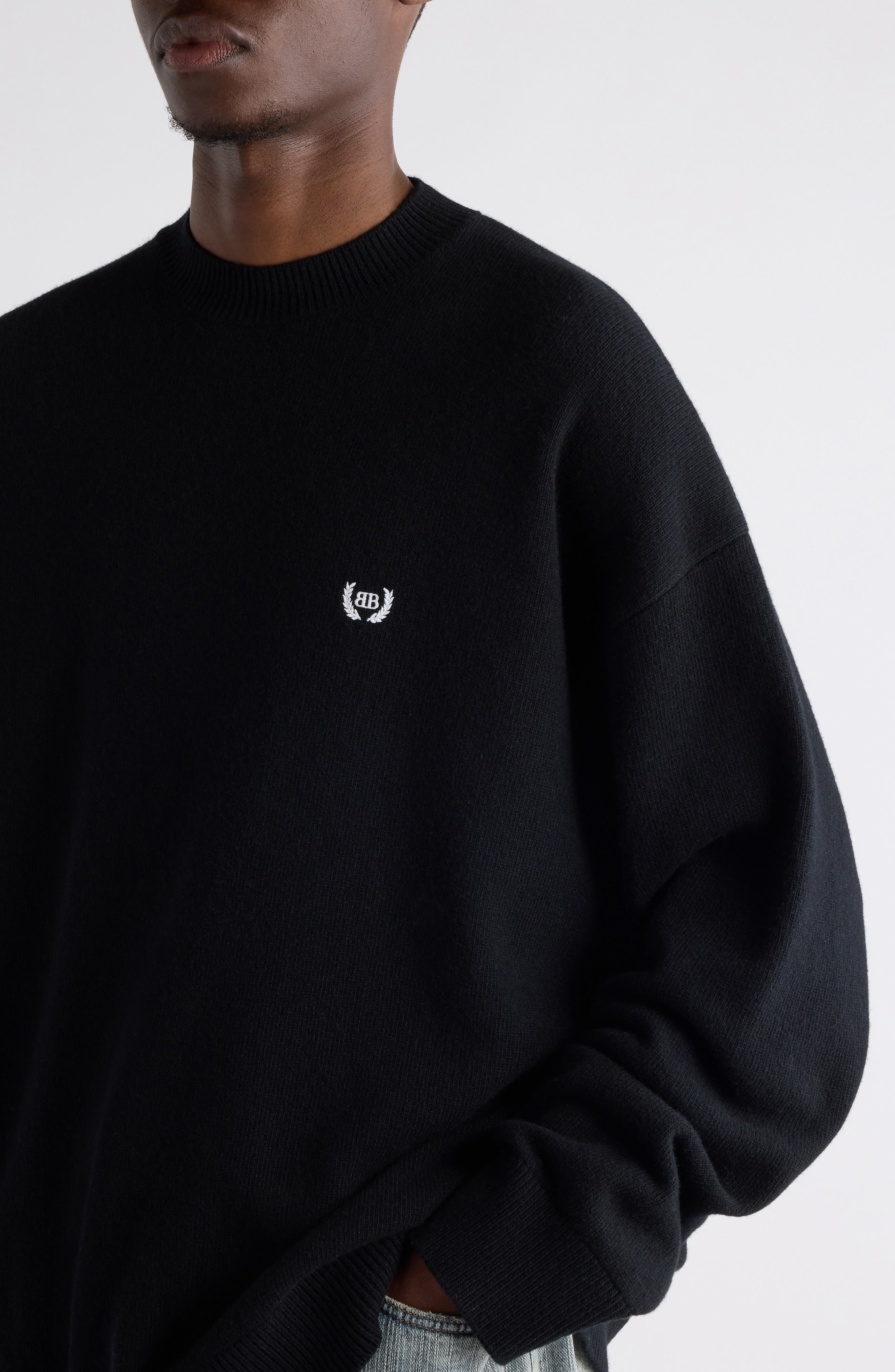 Balenciaga Relaxed Logo Embroidered Virgin Wool Sweater in 1000 Black at Nordstrom - 5