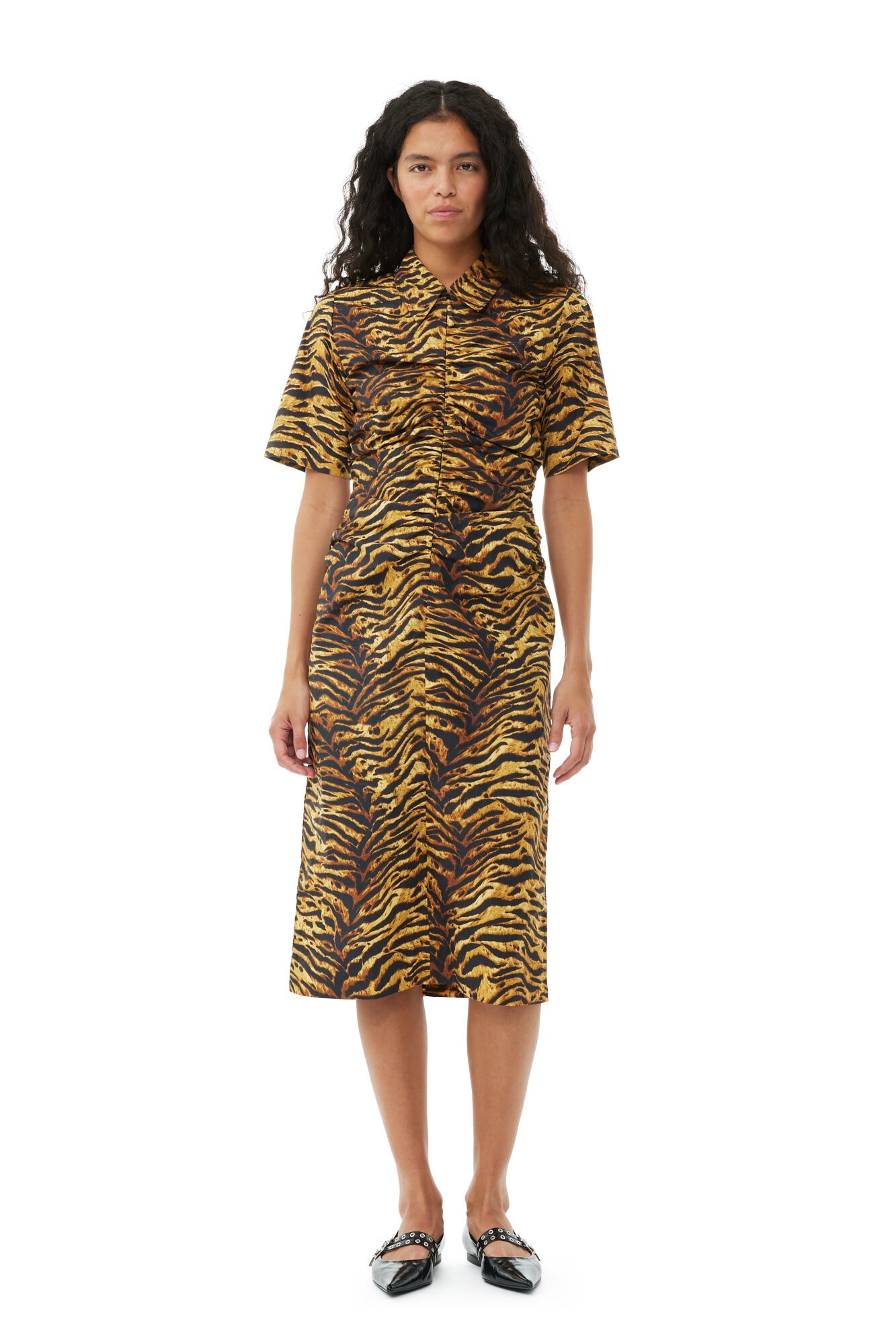 ANIMAL PRINTED COTTON GATHERED MIDI DRESS - 2