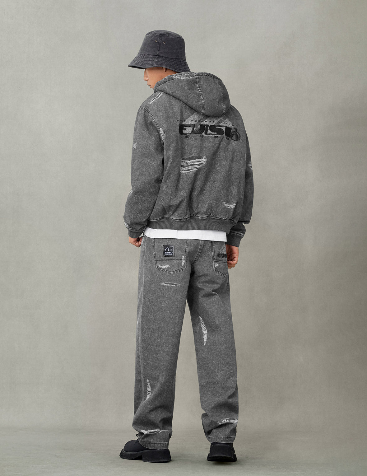 Distressed Print with Logo Embroidery Loose Fit Padded Boomer Jacket - 6