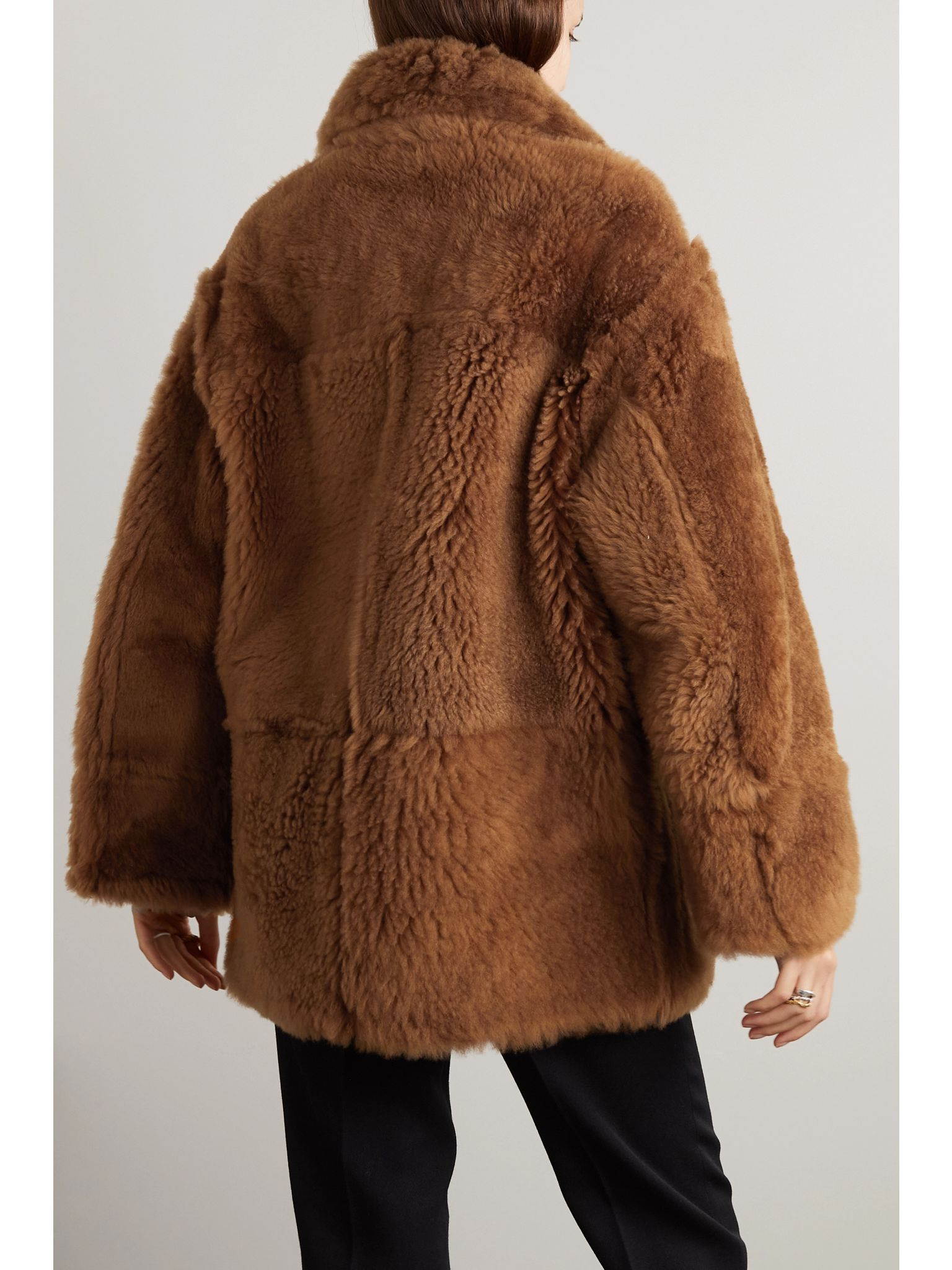 Double-breasted reversible shearling and leather coat Camel - 4