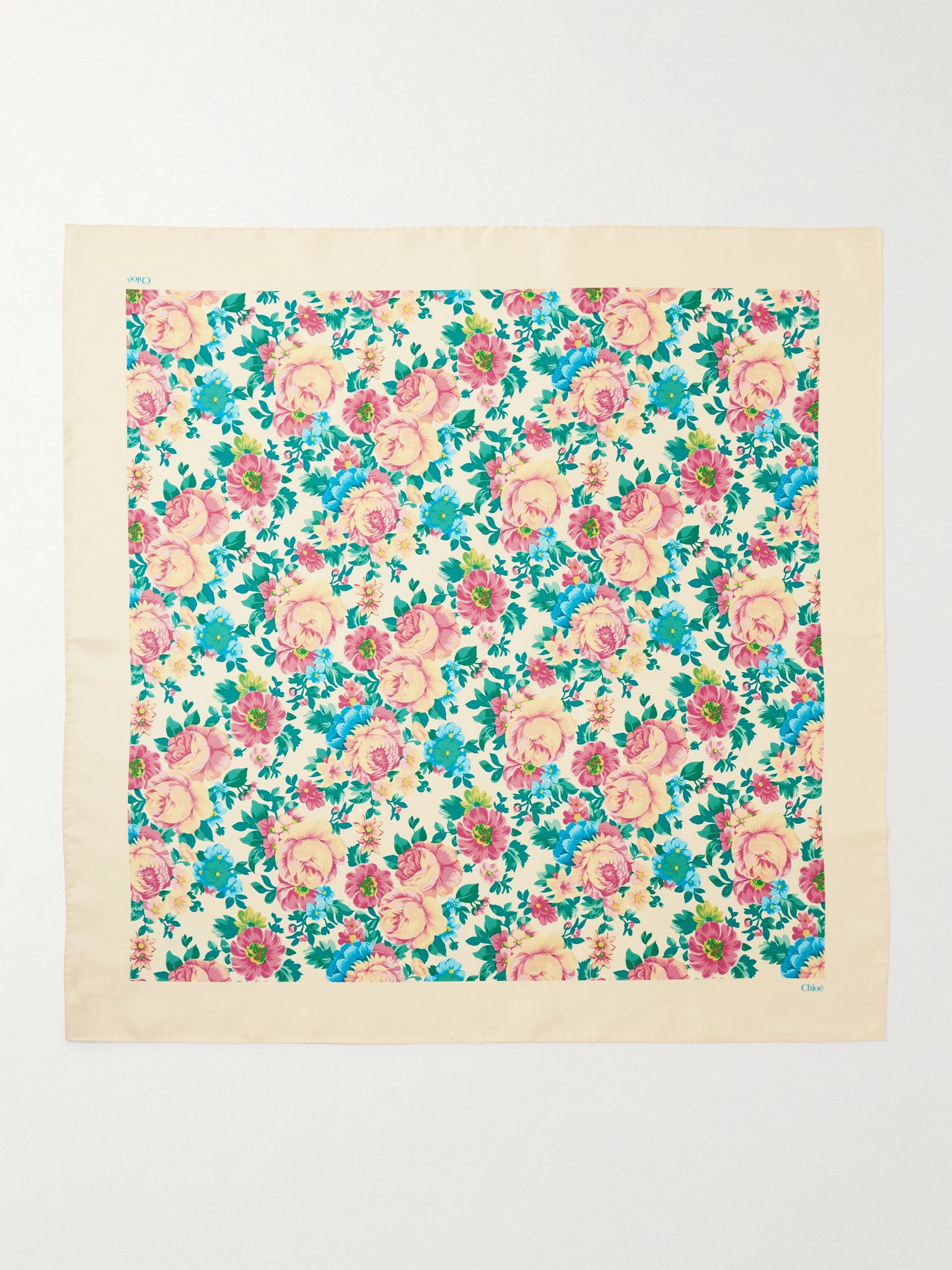 Floral-print silk-twill scarf Beige - 1