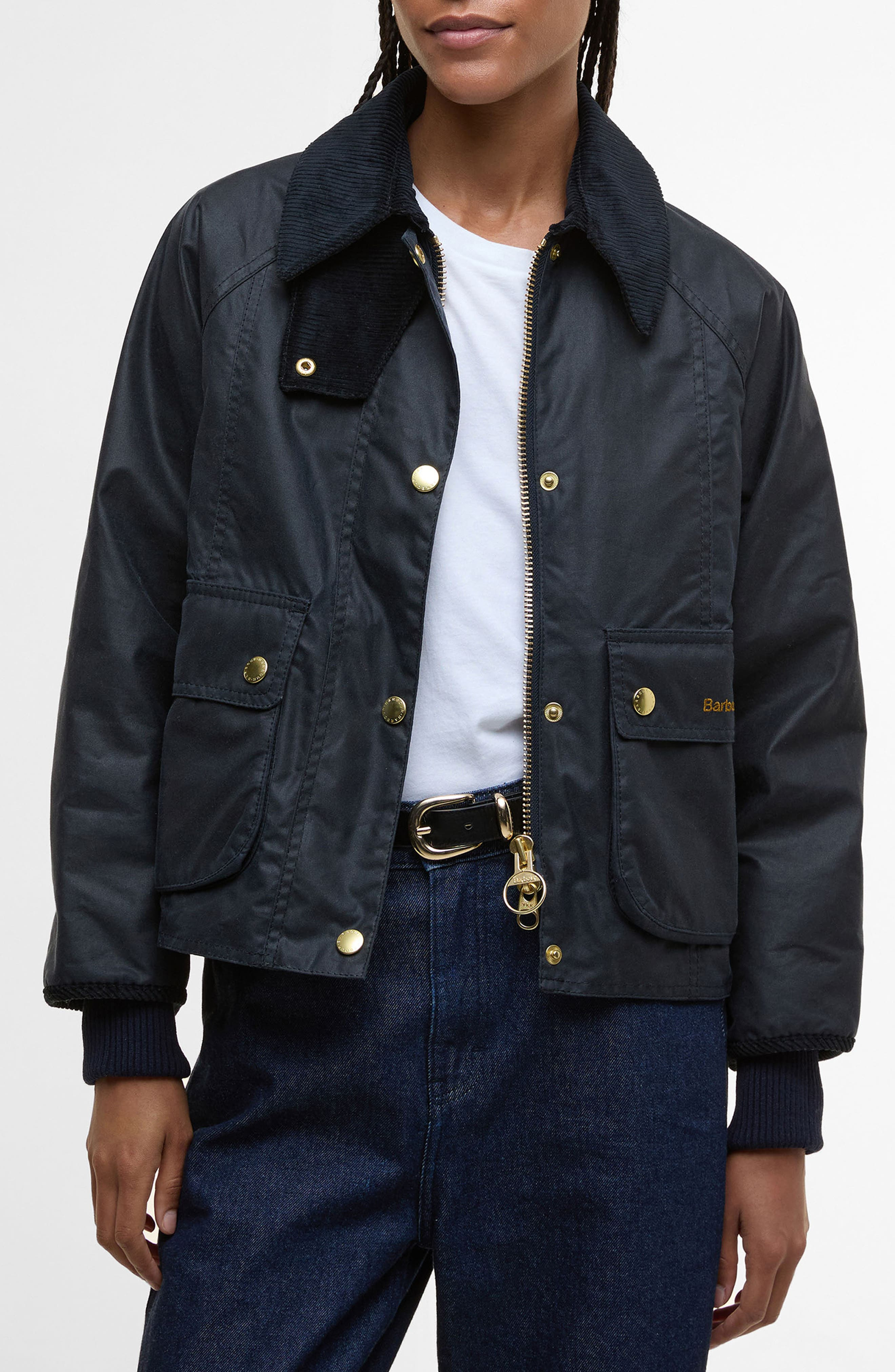 Barbour Beadnell Crop Waxed Cotton Jacket in Navy Classic at Nordstrom - 1