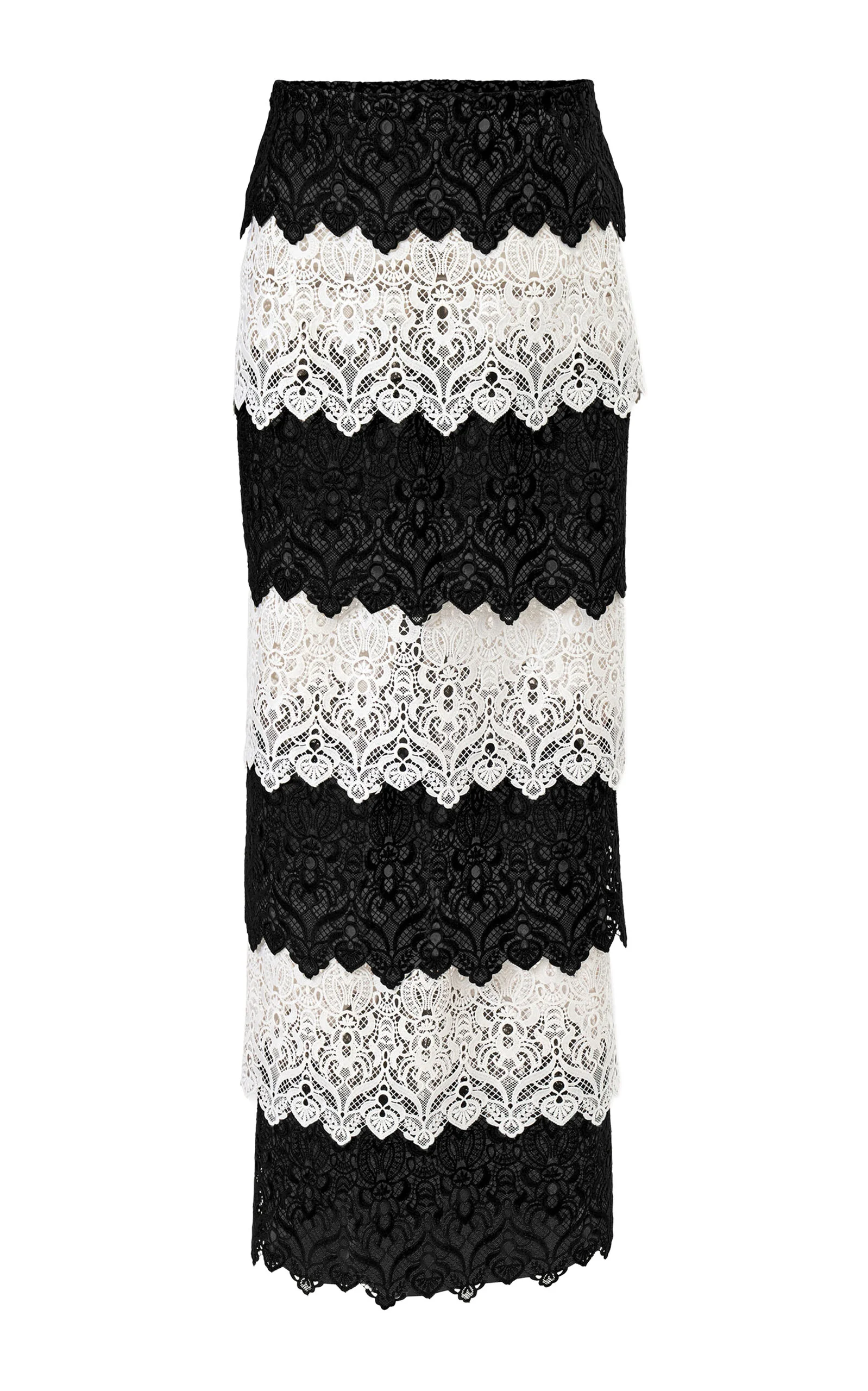 Mid-Rise Floral Scroll Lace Trim Pencil Skirt black/white - 1