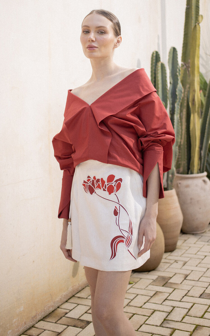 ANDRES OTALORA Del Amor Embroidered Linen Mini Wrap Skirt off-white outlook