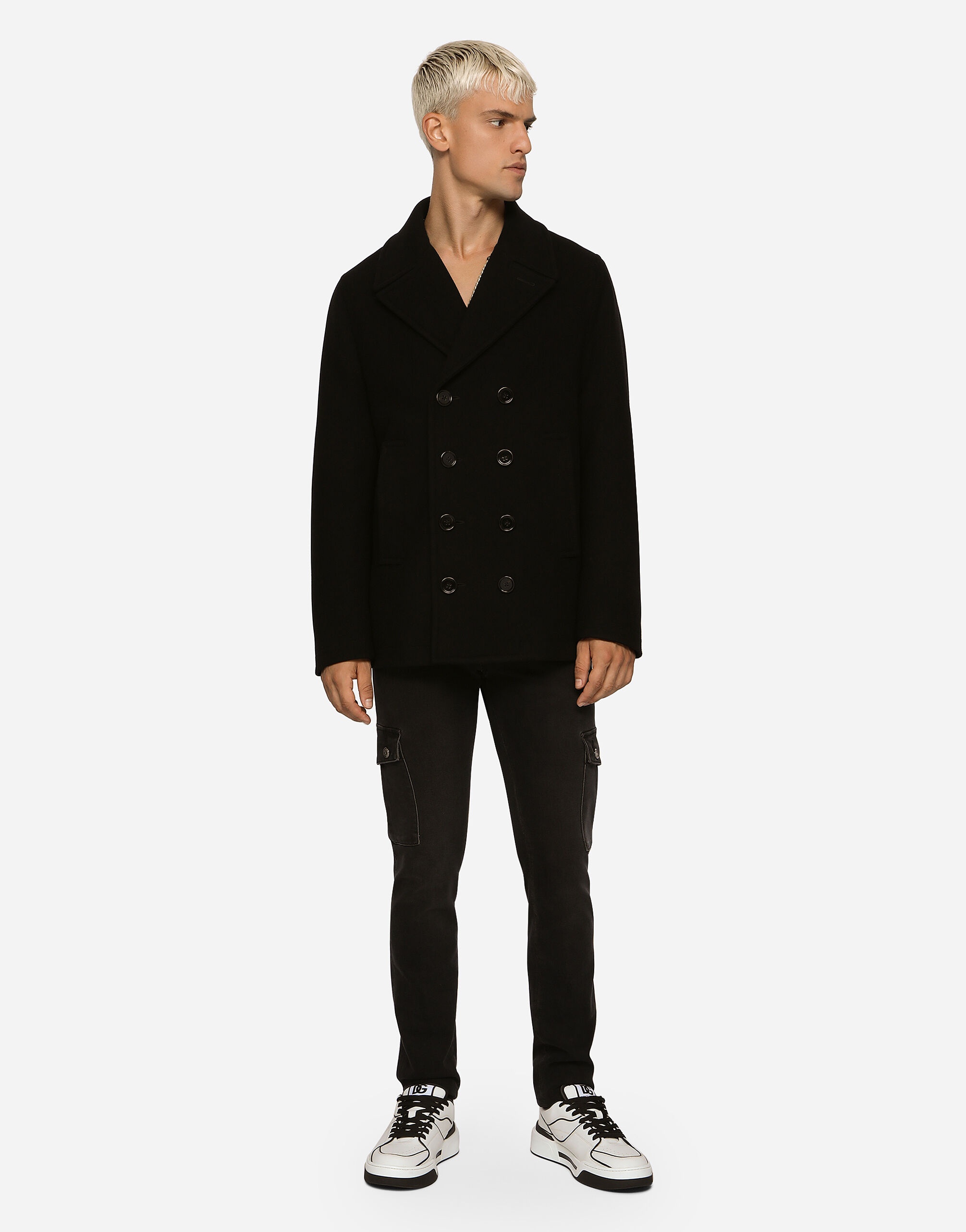 Double-breasted wool pea coat with branded tag - 4