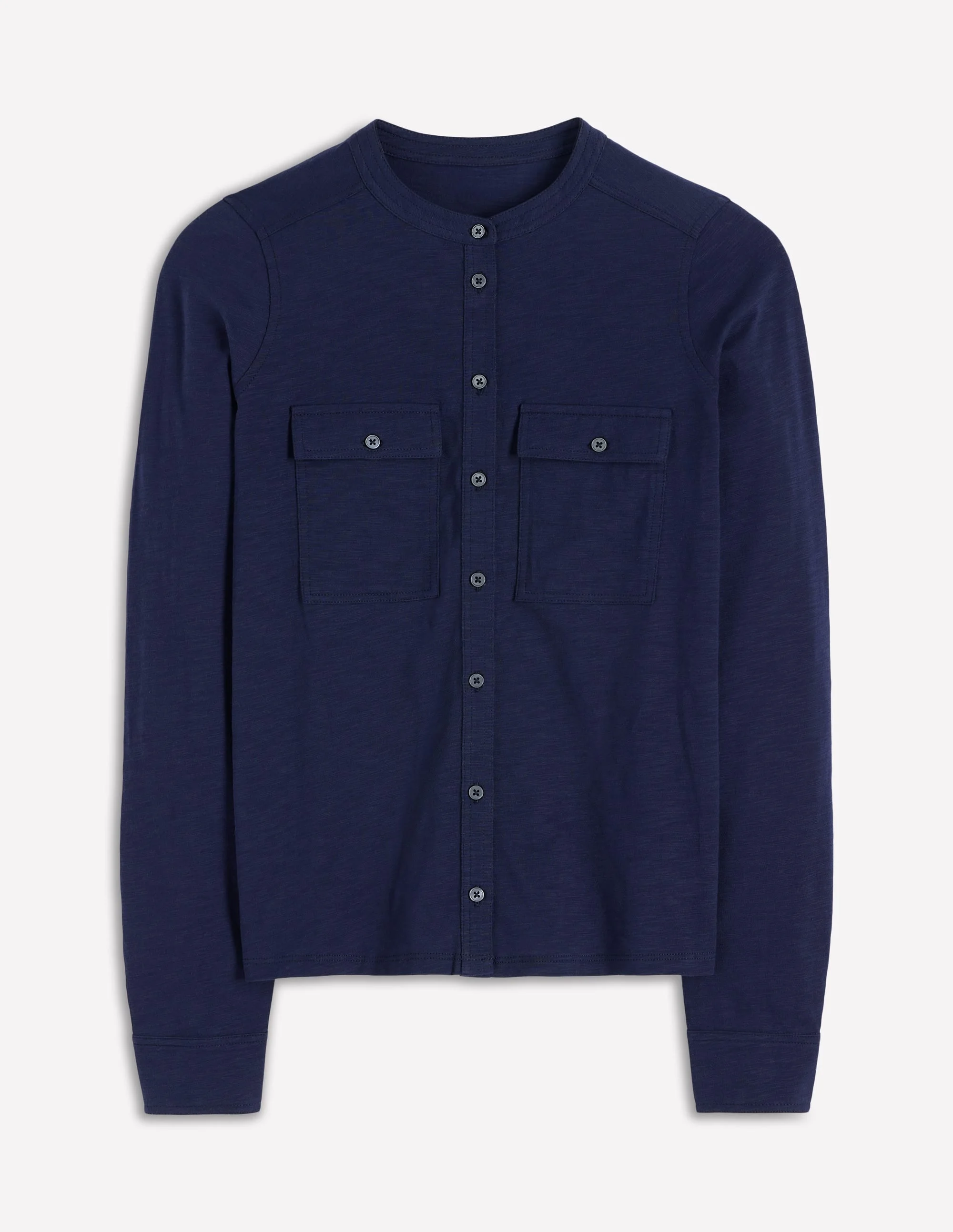 Topstitched Pocket Shirt-Navy - 1